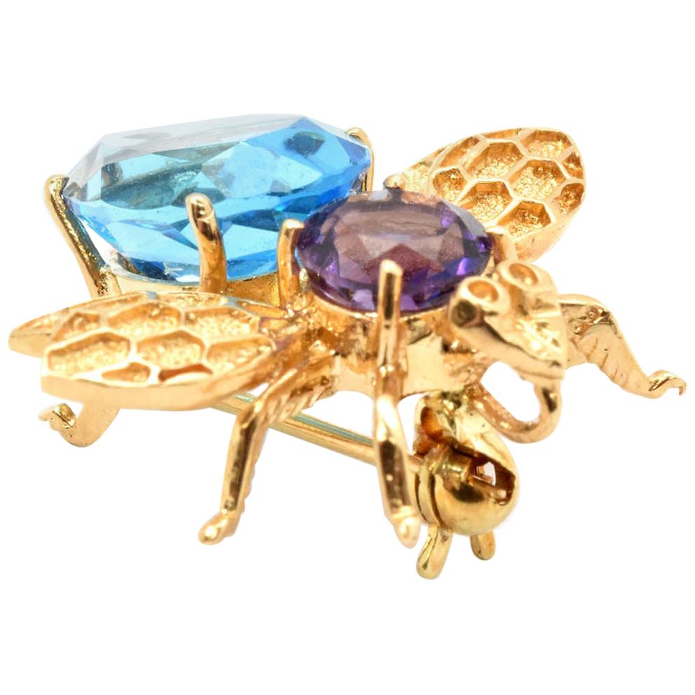 14 Karat Yellow Gold Bee Pin with Amethyst and Blue Topaz