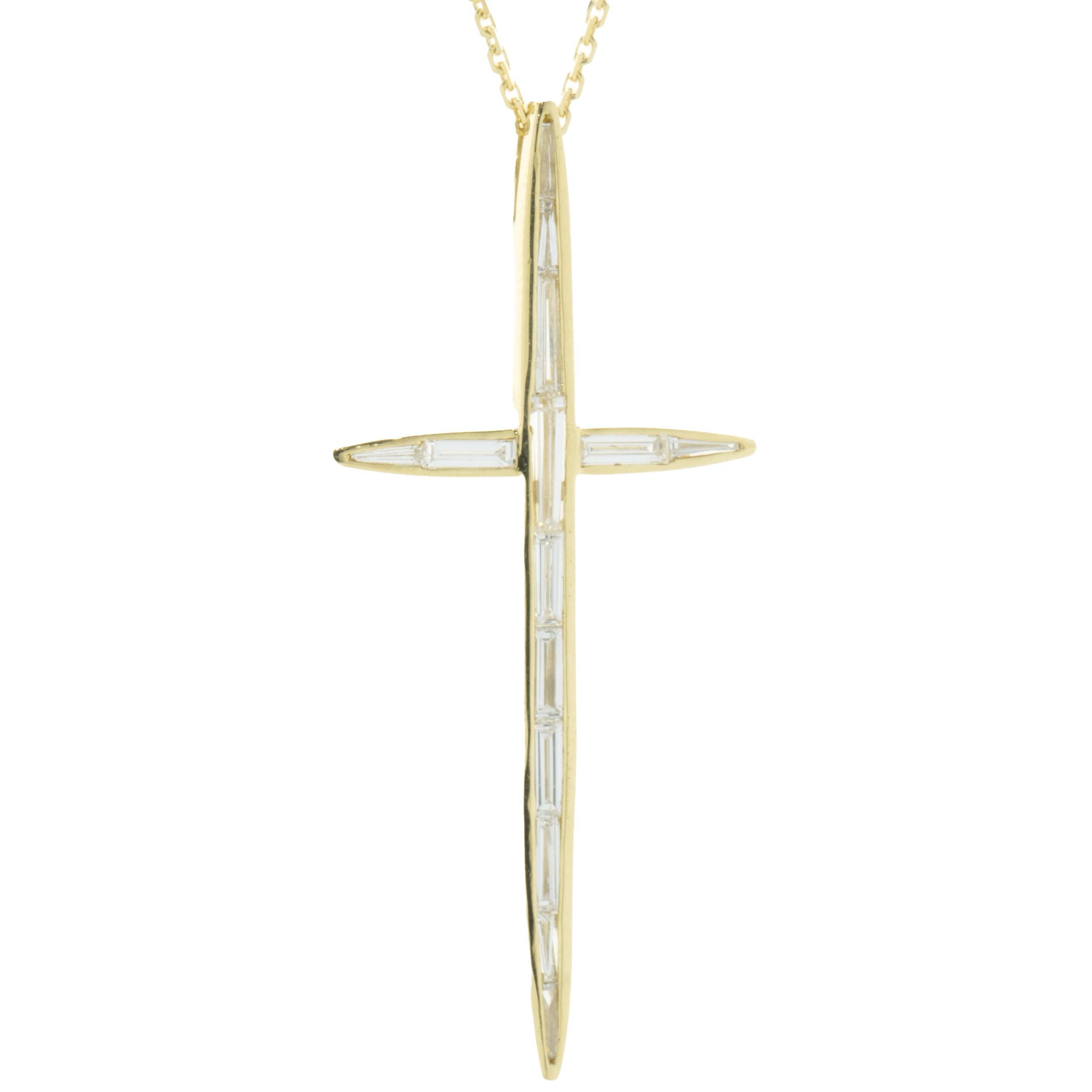 Designer: custom
Material: 14K yellow gold
Diamonds: 14 baguette cut = 1.39cttw
Color: H
Clarity: SI1
Dimensions: necklace measures 18-inches in length 
Weight: 5.64 grams
