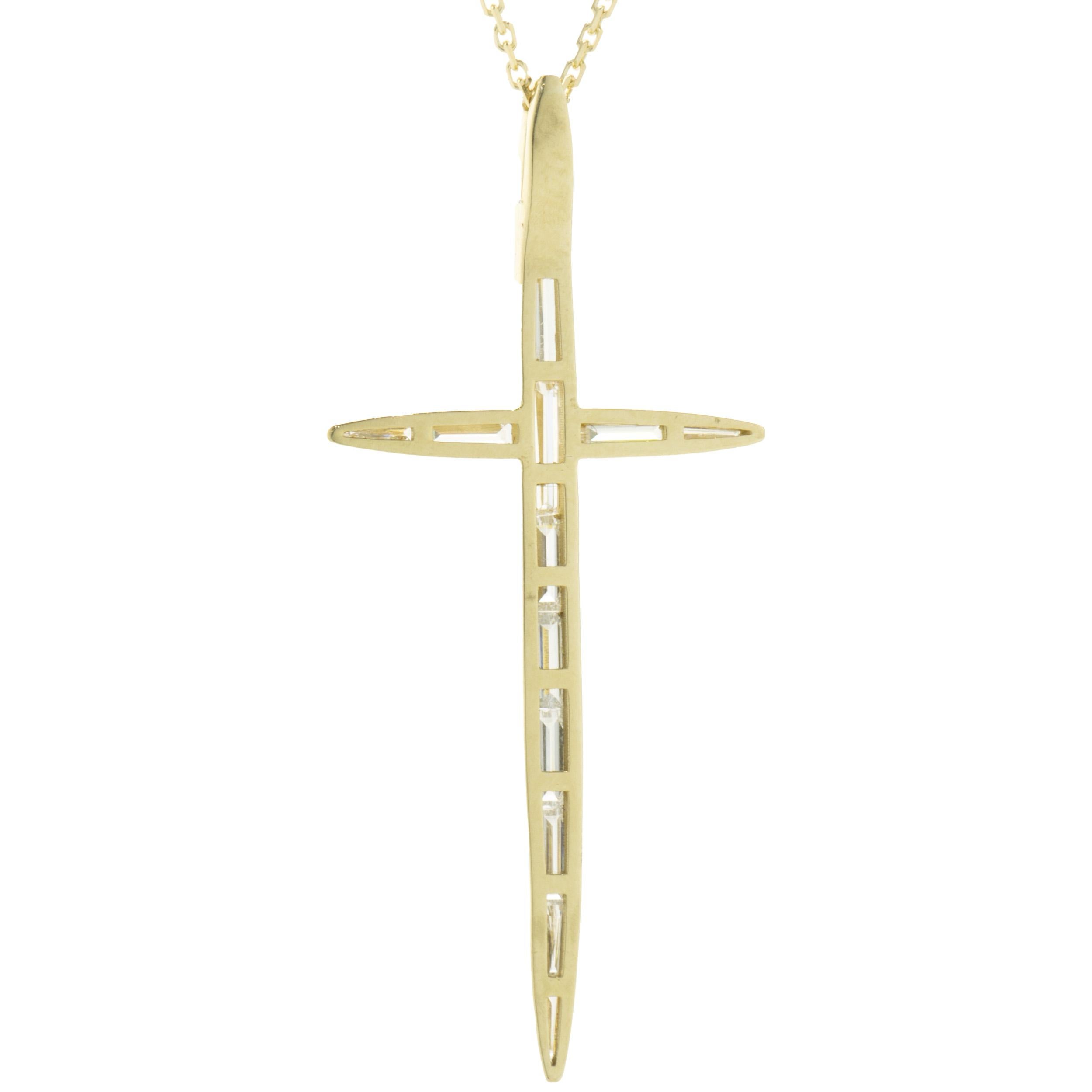 14 Karat Yellow Gold Bezel Set Baguette Cut Diamond Cross Necklace In Excellent Condition For Sale In Scottsdale, AZ