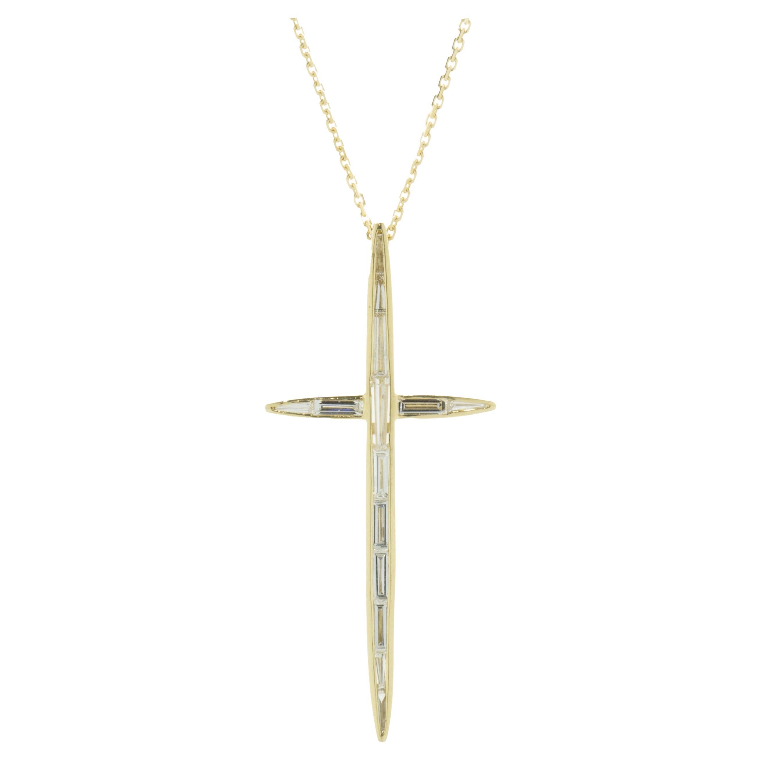 14 Karat Yellow Gold Bezel Set Baguette Cut Diamond Cross Necklace For Sale