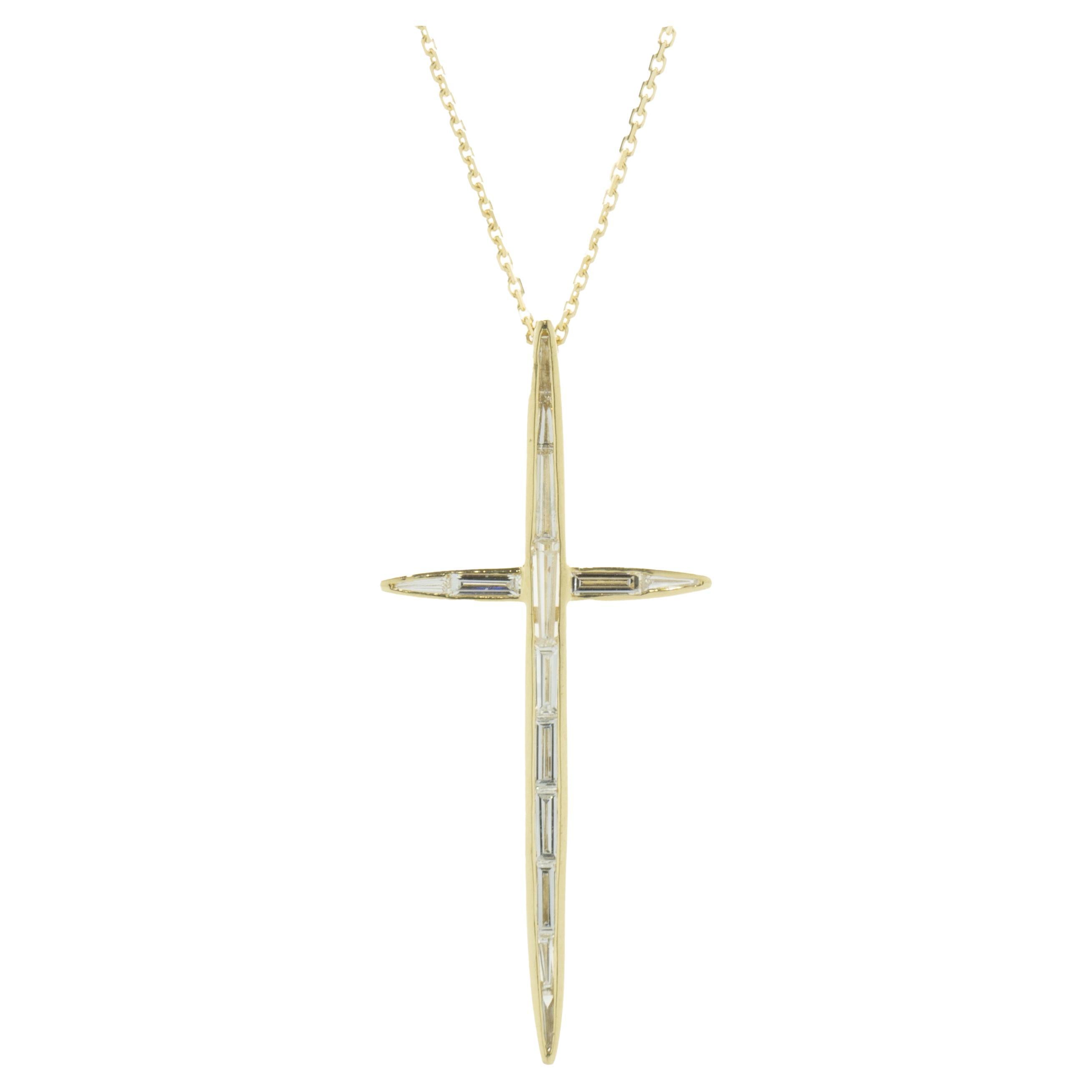 14 Karat Yellow Gold Bezel Set Baguette Cut Diamond Cross Necklace