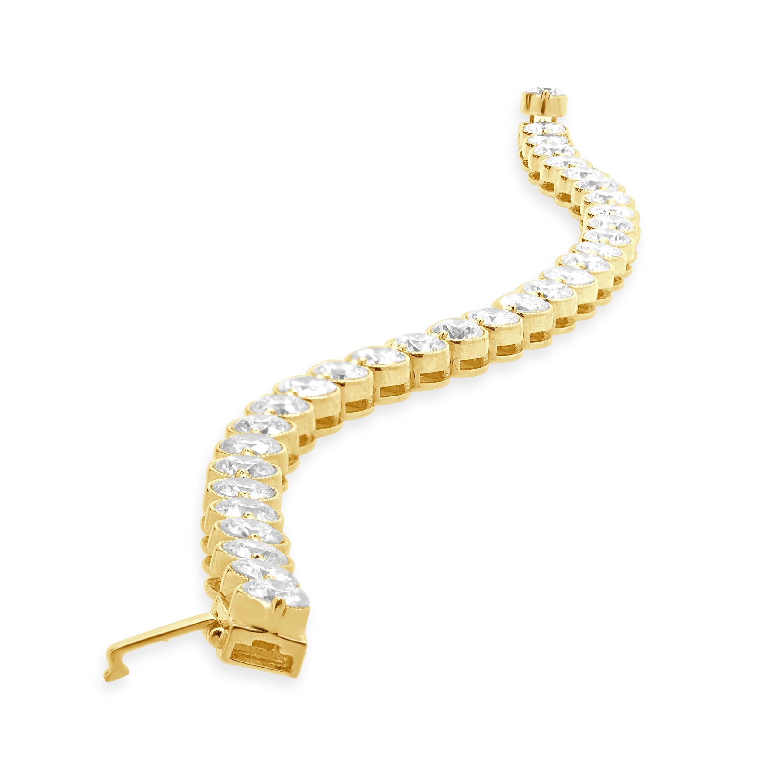 Round Cut 18 Karat Yellow Gold Bezel Set Diamond Inline Tennis Bracelet For Sale