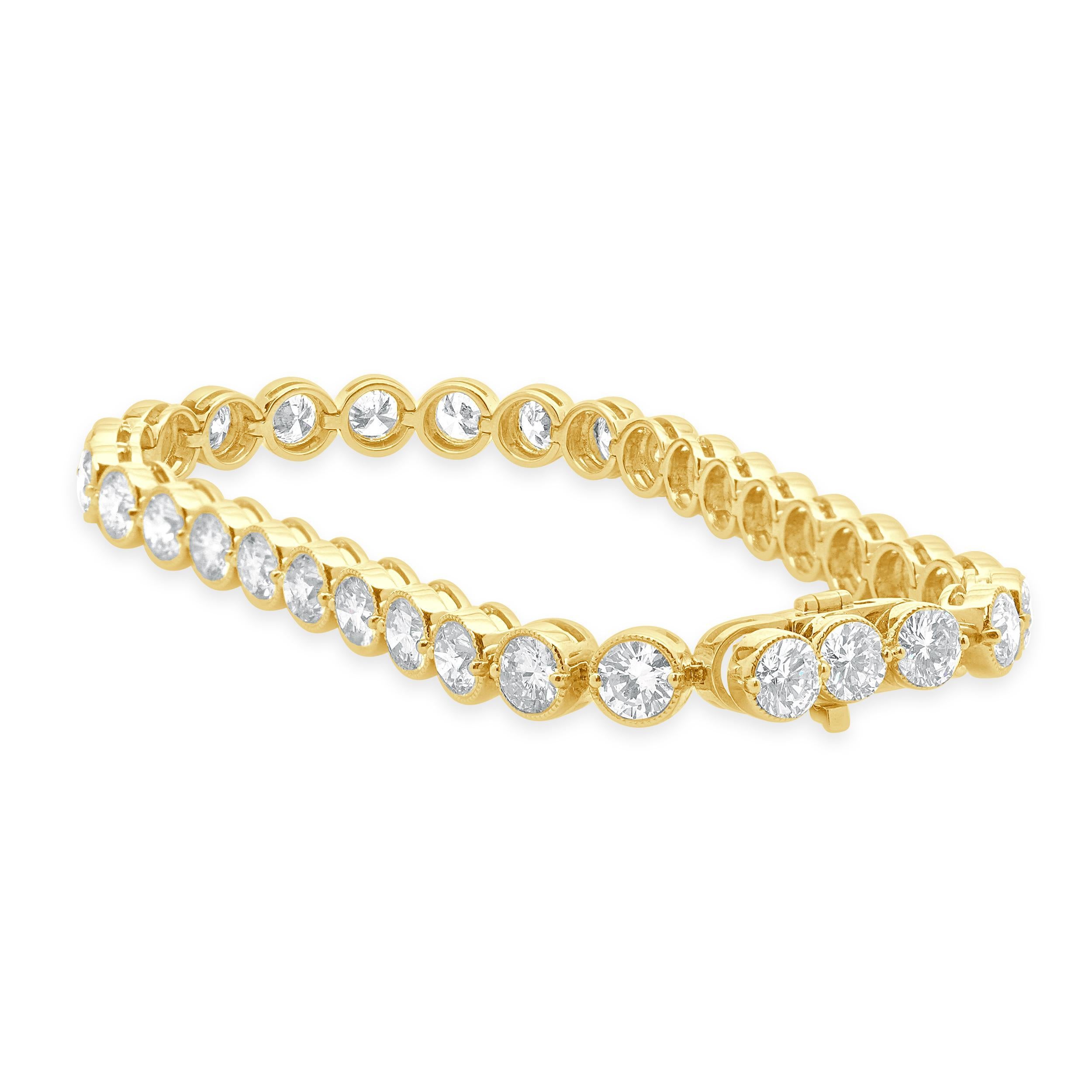 18 Karat Yellow Gold Bezel Set Diamond Inline Tennis Bracelet In Excellent Condition For Sale In Scottsdale, AZ