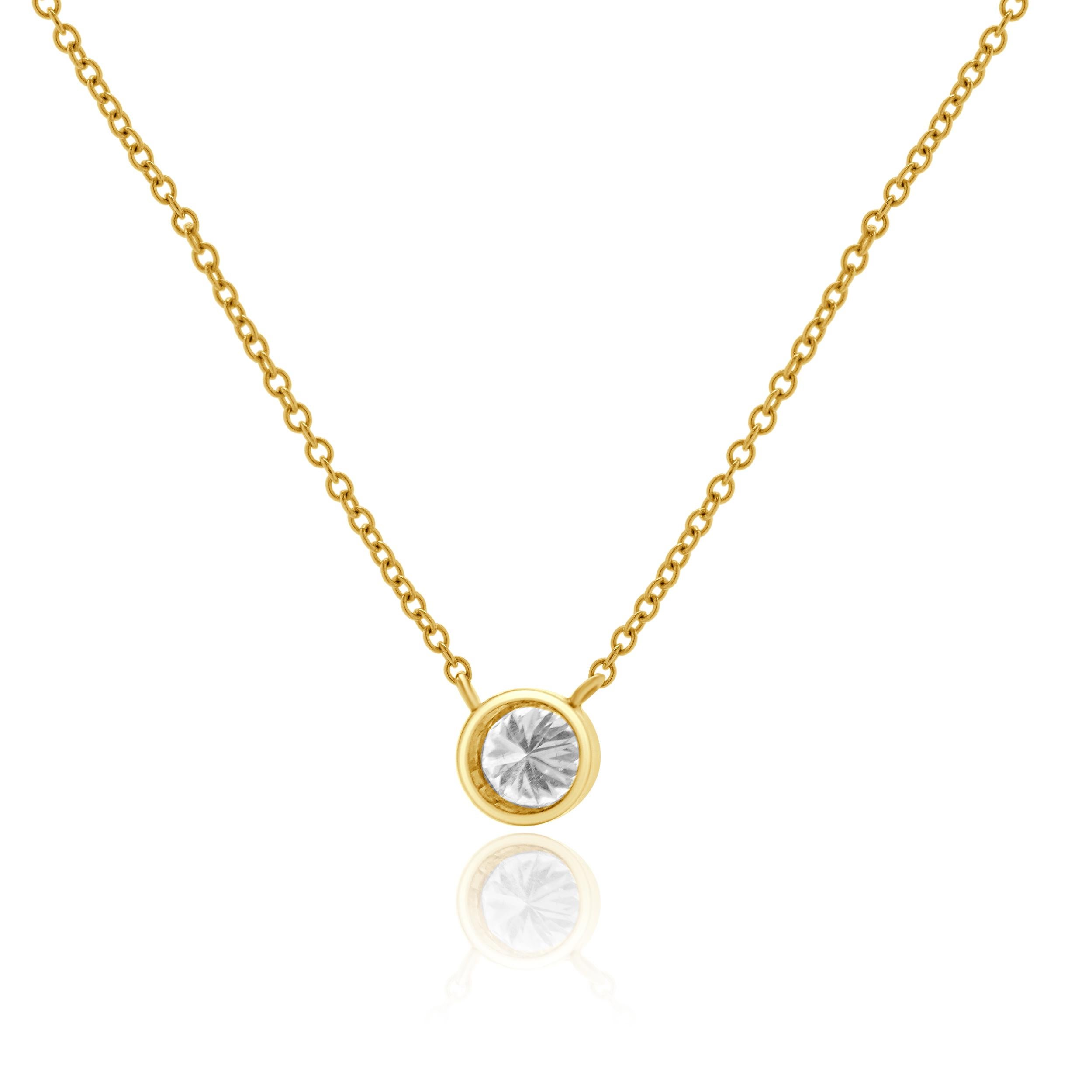Round Cut 14 Karat Yellow Gold Bezel Set Diamond Solitaire Necklace For Sale