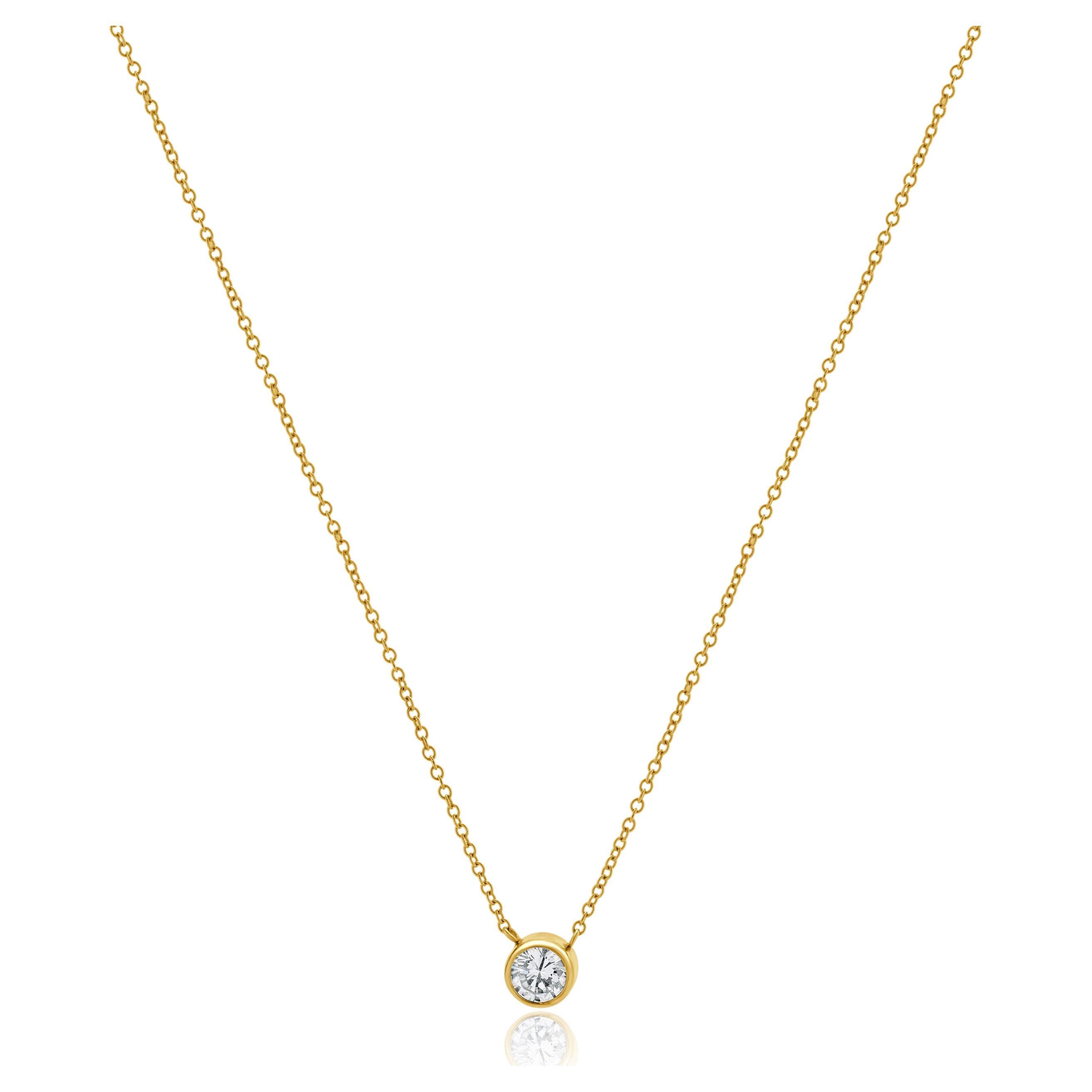 14 Karat Yellow Gold Bezel Set Diamond Solitaire Necklace For Sale