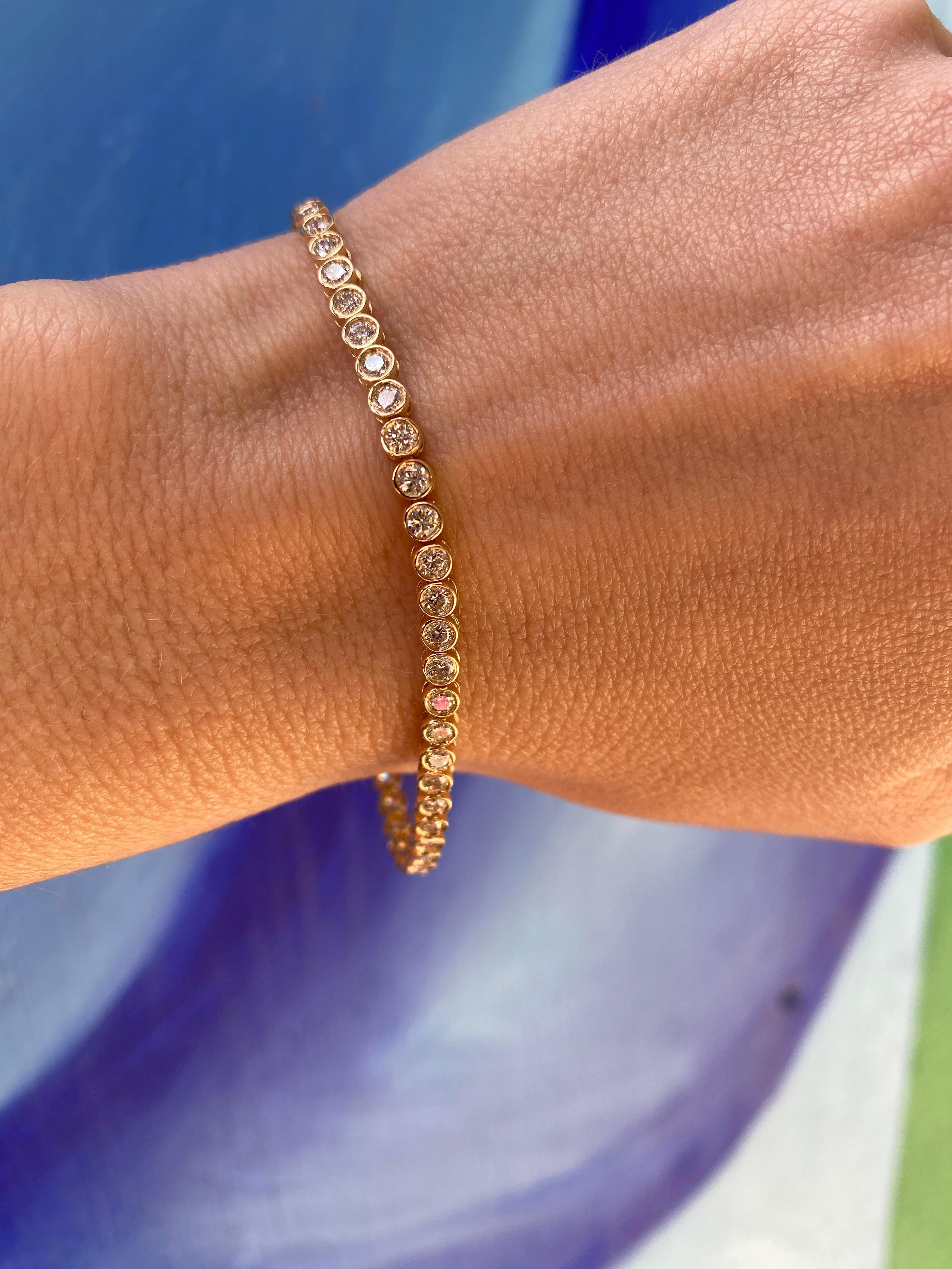 Women's or Men's 14 Karat Yellow Gold Bezel Set Diamond Tennis Bracelet