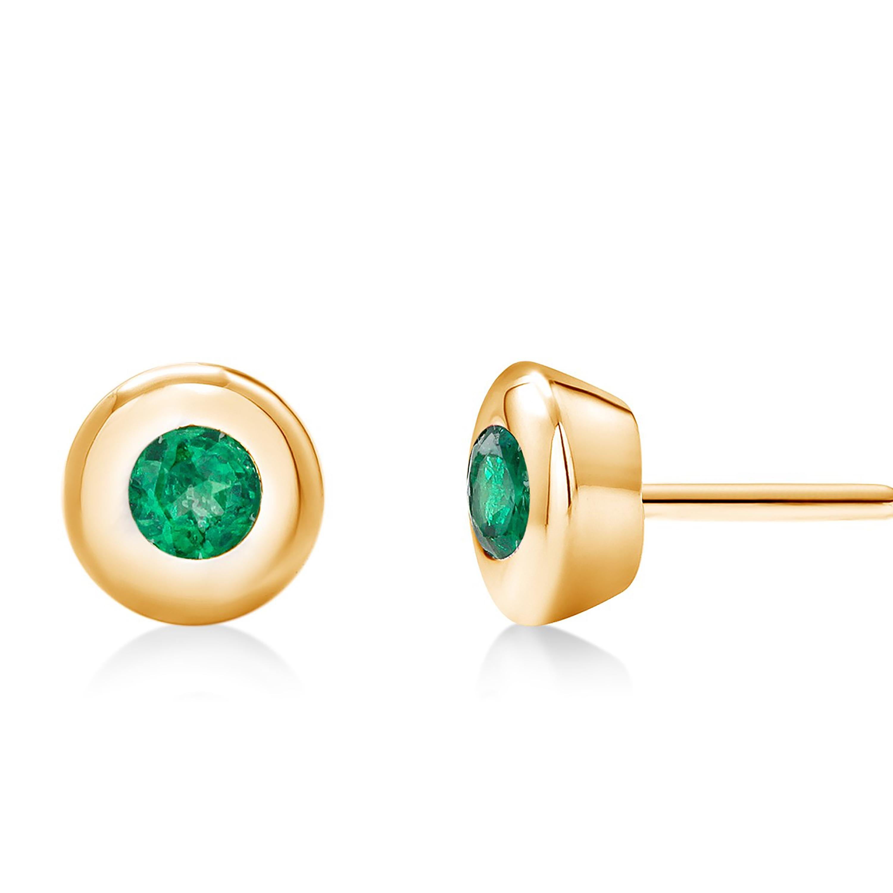 Round Cut 14 Karat Yellow Gold Bezel Set Emerald Stud Earrings Weighing 0.30 Carat
