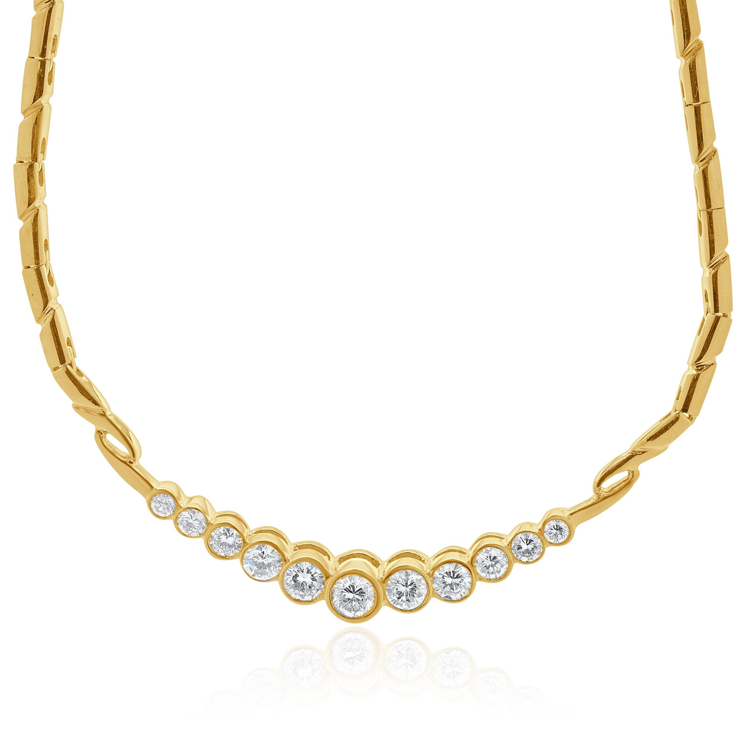 Designer: custom
Material: 14K yellow gold
Diamonds: 11 round brilliant cut = 1.64cttw
Color: H
Clarity: SI1-2
Dimensions: necklace measures 18-inches in length 
Weight: 18.10 grams
