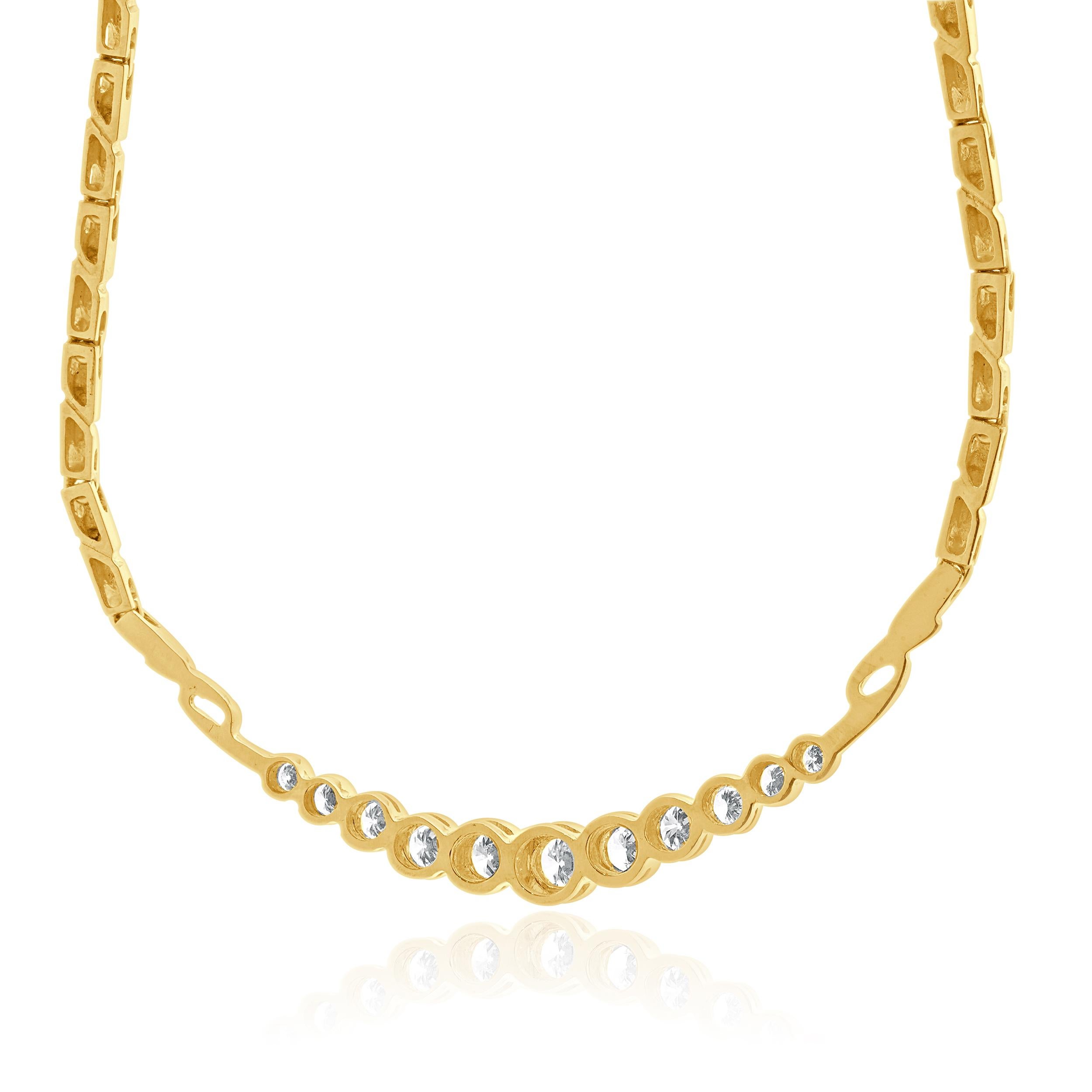 Round Cut 14 Karat Yellow Gold Bezel Set Graduated Diamond Necklace For Sale