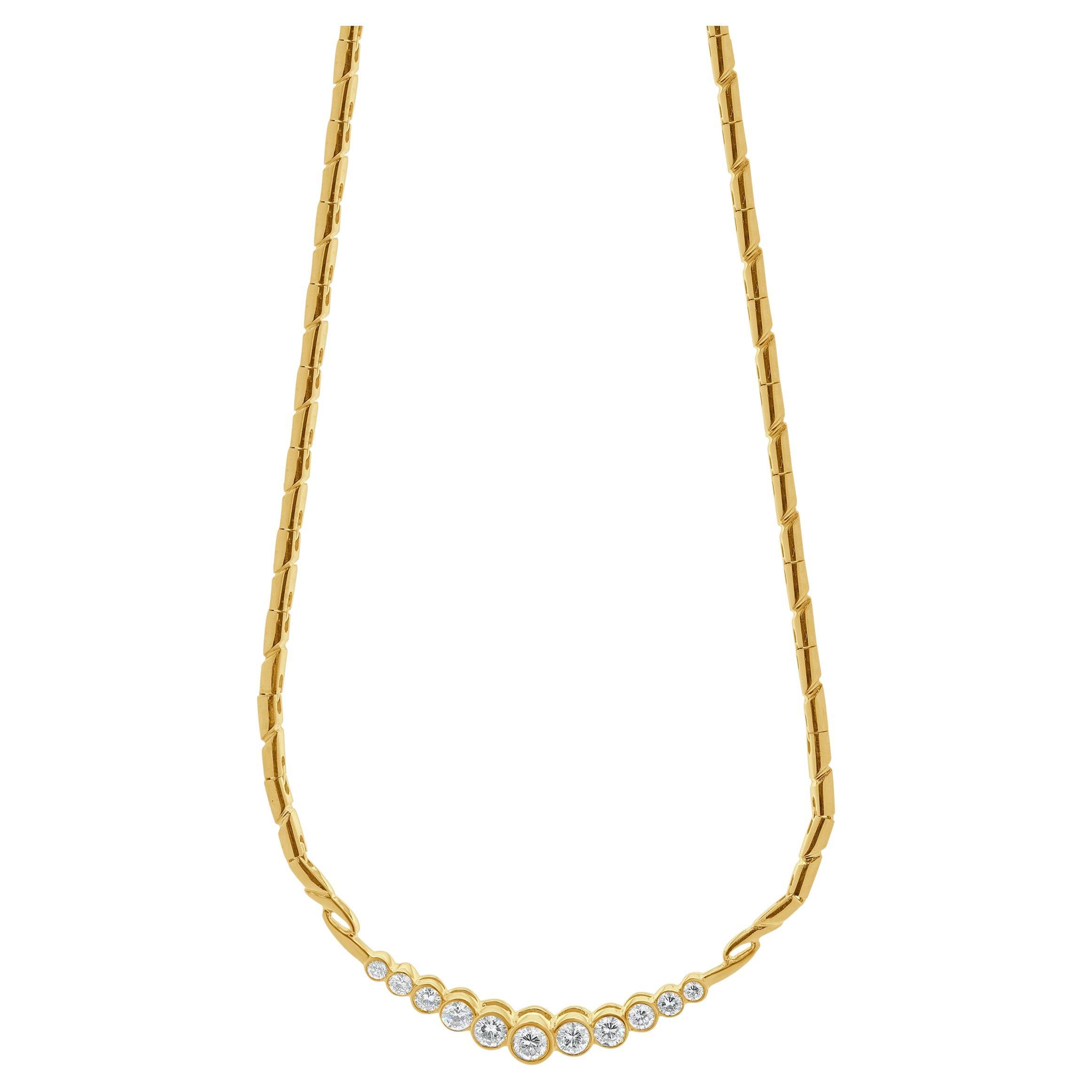 14 Karat Yellow Gold Bezel Set Graduated Diamond Necklace For Sale