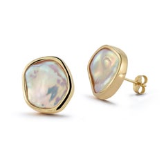 14 karat Yellow Gold bezel set Keshi Baroque Pearl stud Earrings