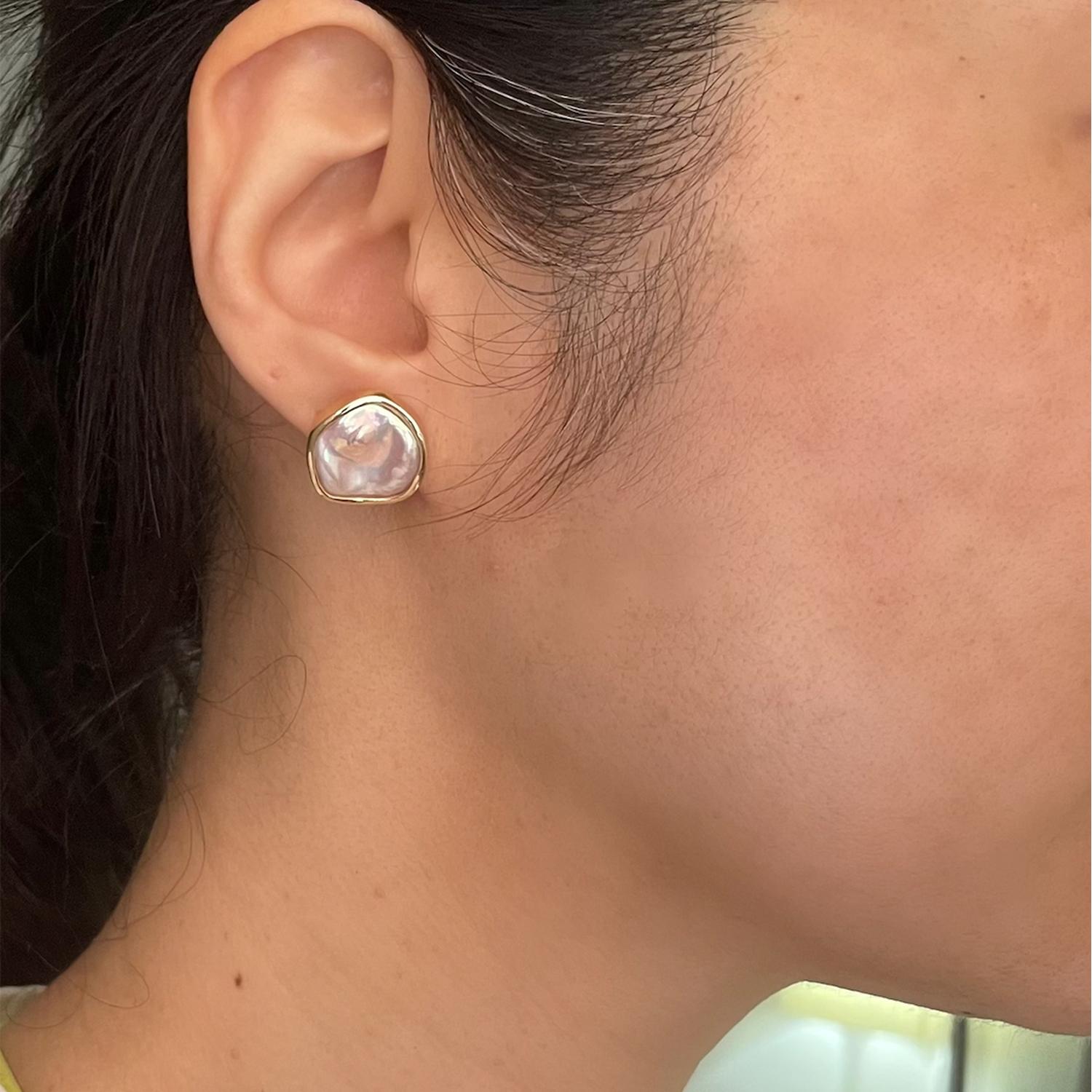 Contemporary 14 karat Yellow Gold bezel set Keshi Baroque Pearl stud Earrings For Sale