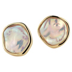 14 karat Yellow Gold bezel set Keshi Baroque Pearl stud Earrings