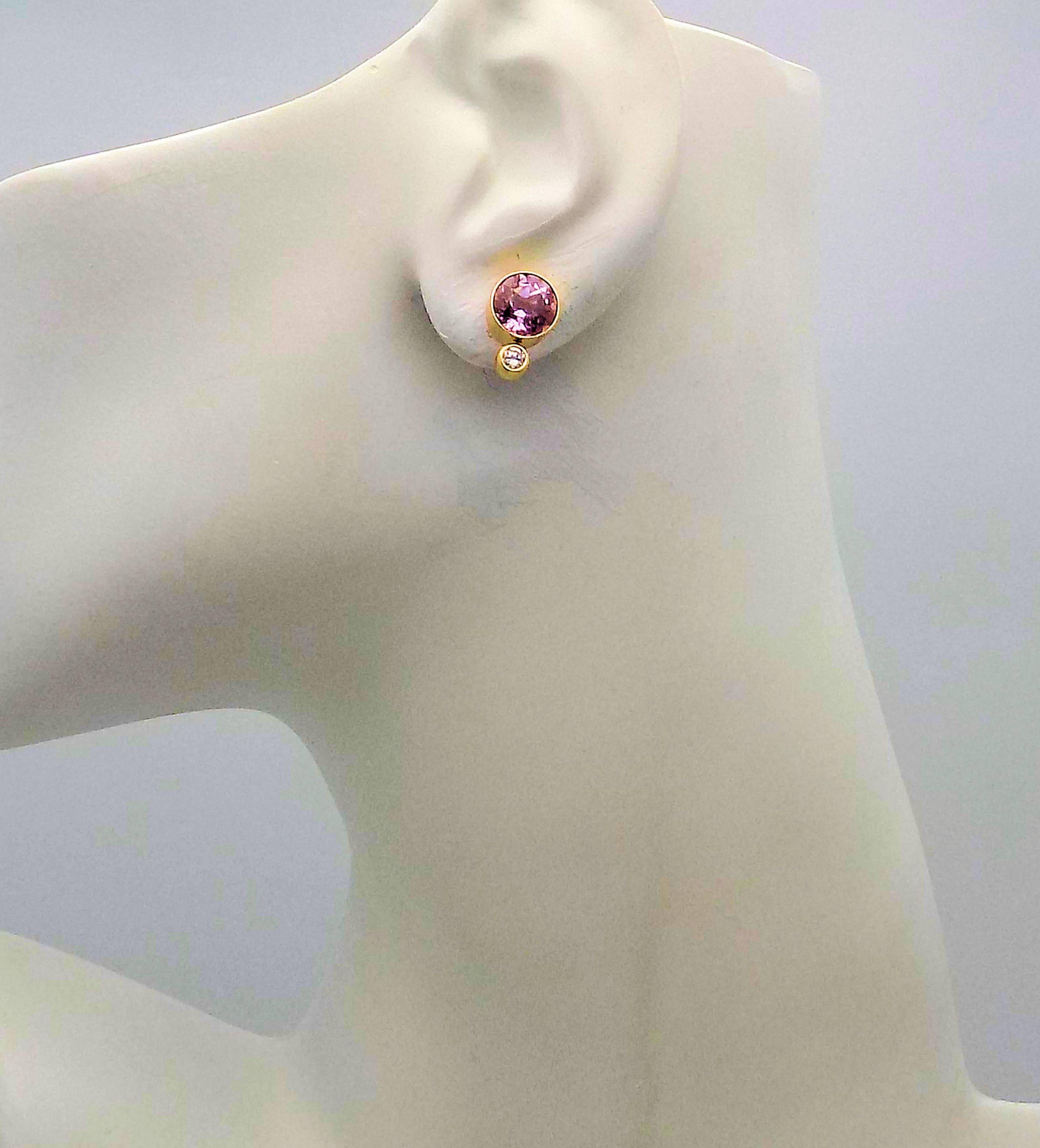 Rose Cut 14 Karat Yellow Gold Bezel Set Kunzite and Diamond Stud Earrings