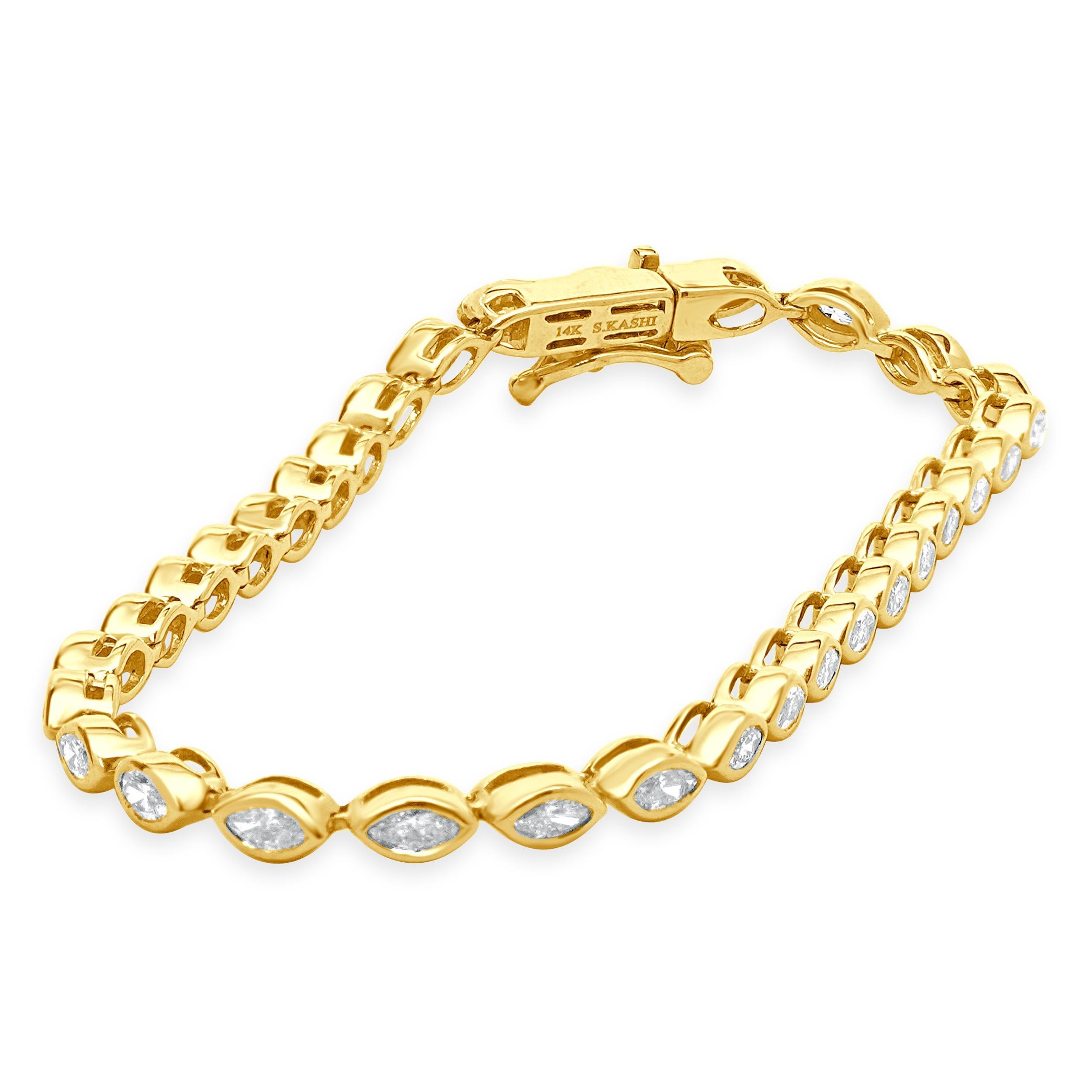 Material: 14K yellow gold
Diamonds: marquise cut = 2.29cttw
Color: G
Clarity: SI1
Dimensions: bracelet will fit up to a 7-inch wrist
Weight: 8.85 grams