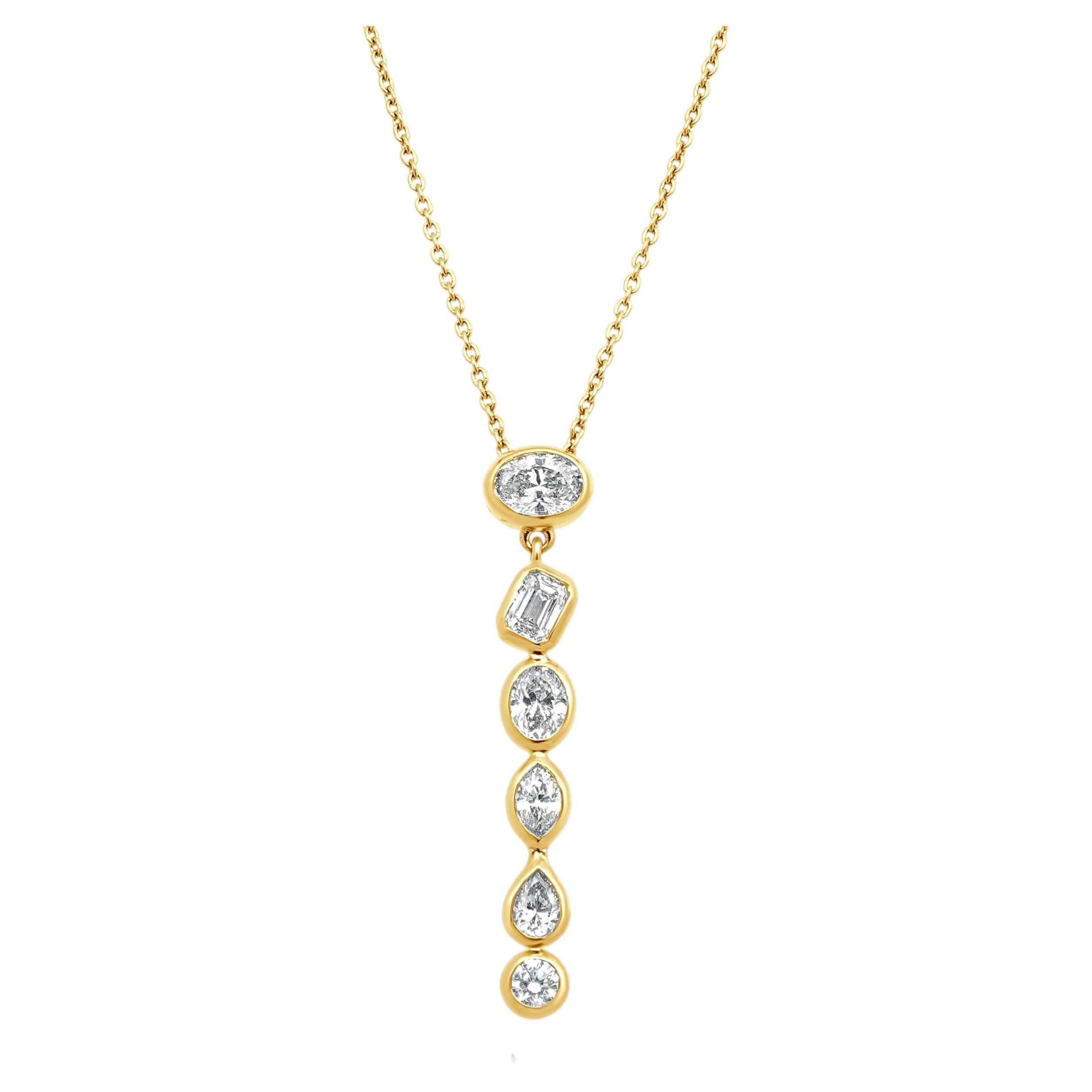 14 Karat Yellow Gold Bezel Set Mixed Cut Diamond Graduated Drop Pendant Necklace
