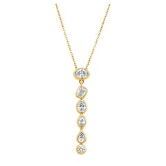 14 Karat Yellow Gold Bezel Set Mixed Cut Diamond Graduated Drop Pendant Necklace