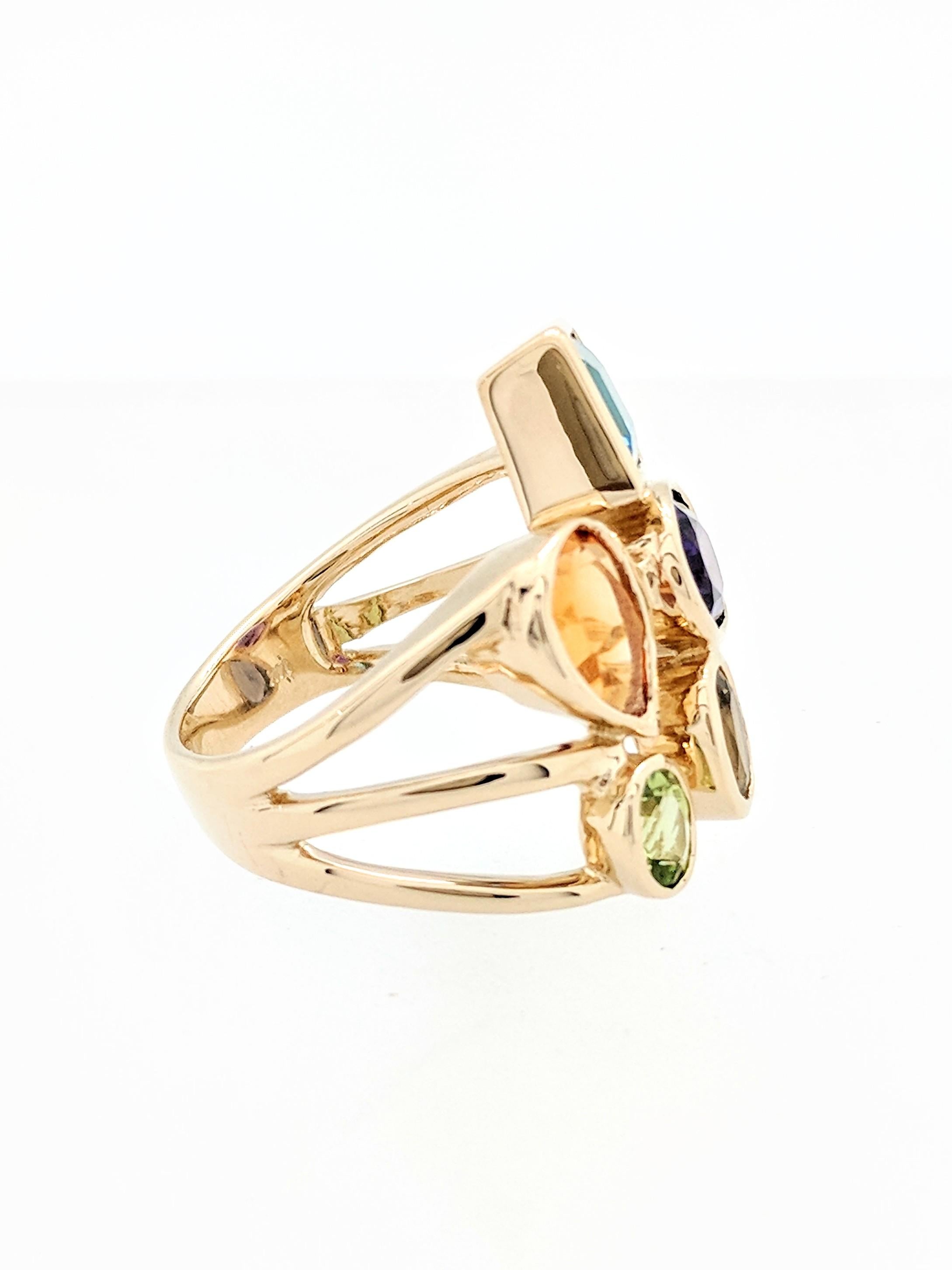 Contemporary 14 Karat Yellow Gold Bezel Set Multi-Gemstone Right Hand Ring