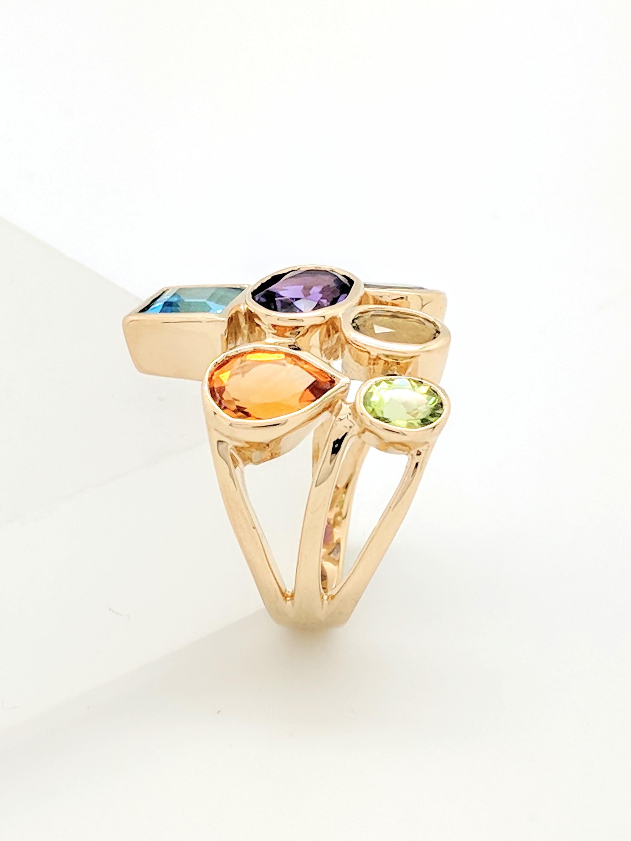Women's 14 Karat Yellow Gold Bezel Set Multi-Gemstone Right Hand Ring