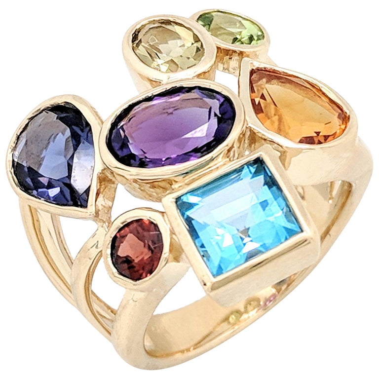 14 Karat Yellow Gold Bezel Set MultiGemstone Right Hand Ring at 1stDibs
