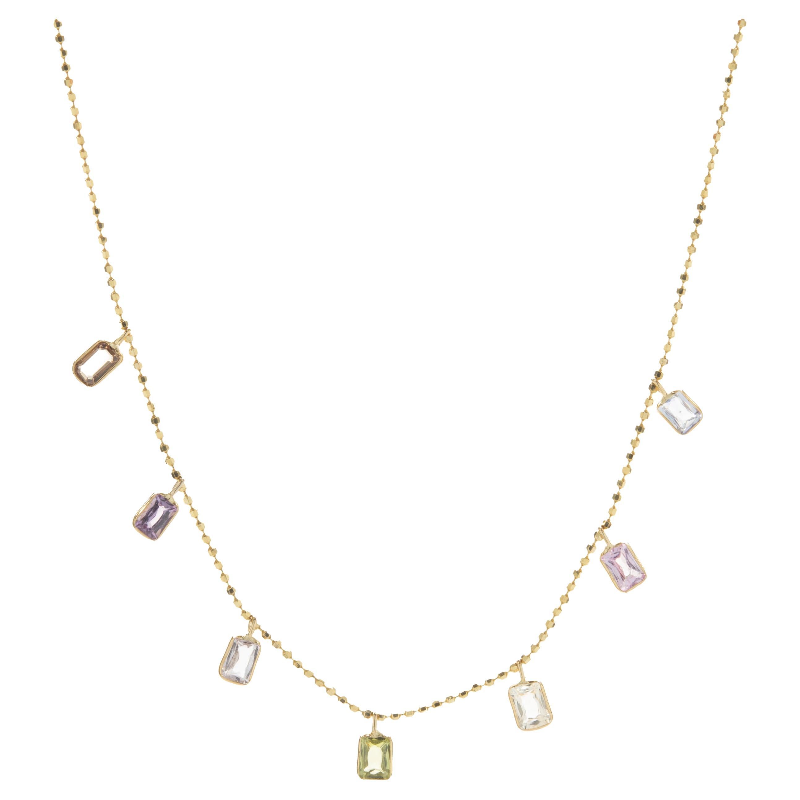 14 Karat Yellow Gold Bezel Set Multi Sapphire Drop Necklace For Sale