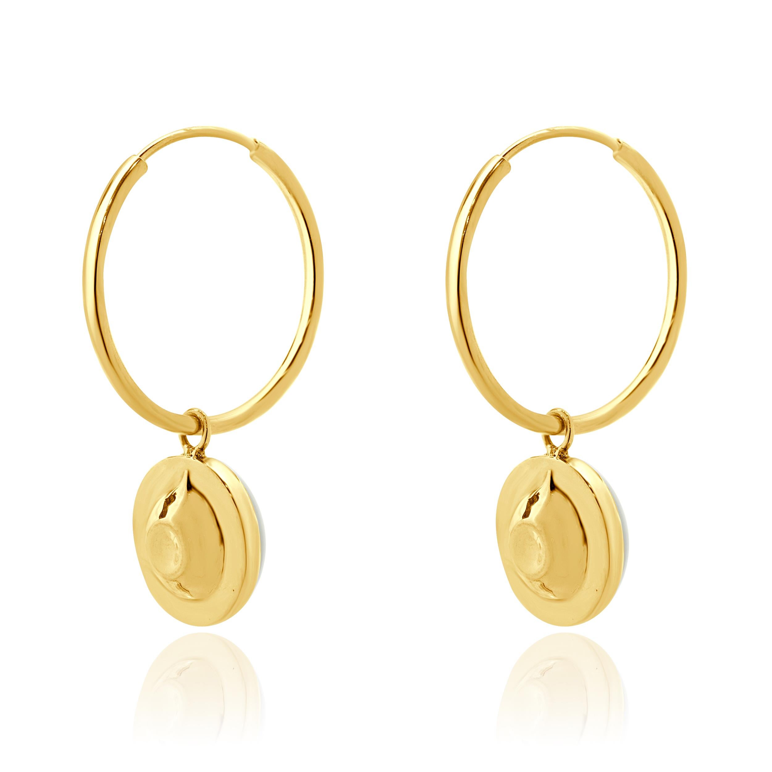 Round Cut 14 Karat Yellow Gold Bezel Set Opal Endless Hoop Earrings For Sale
