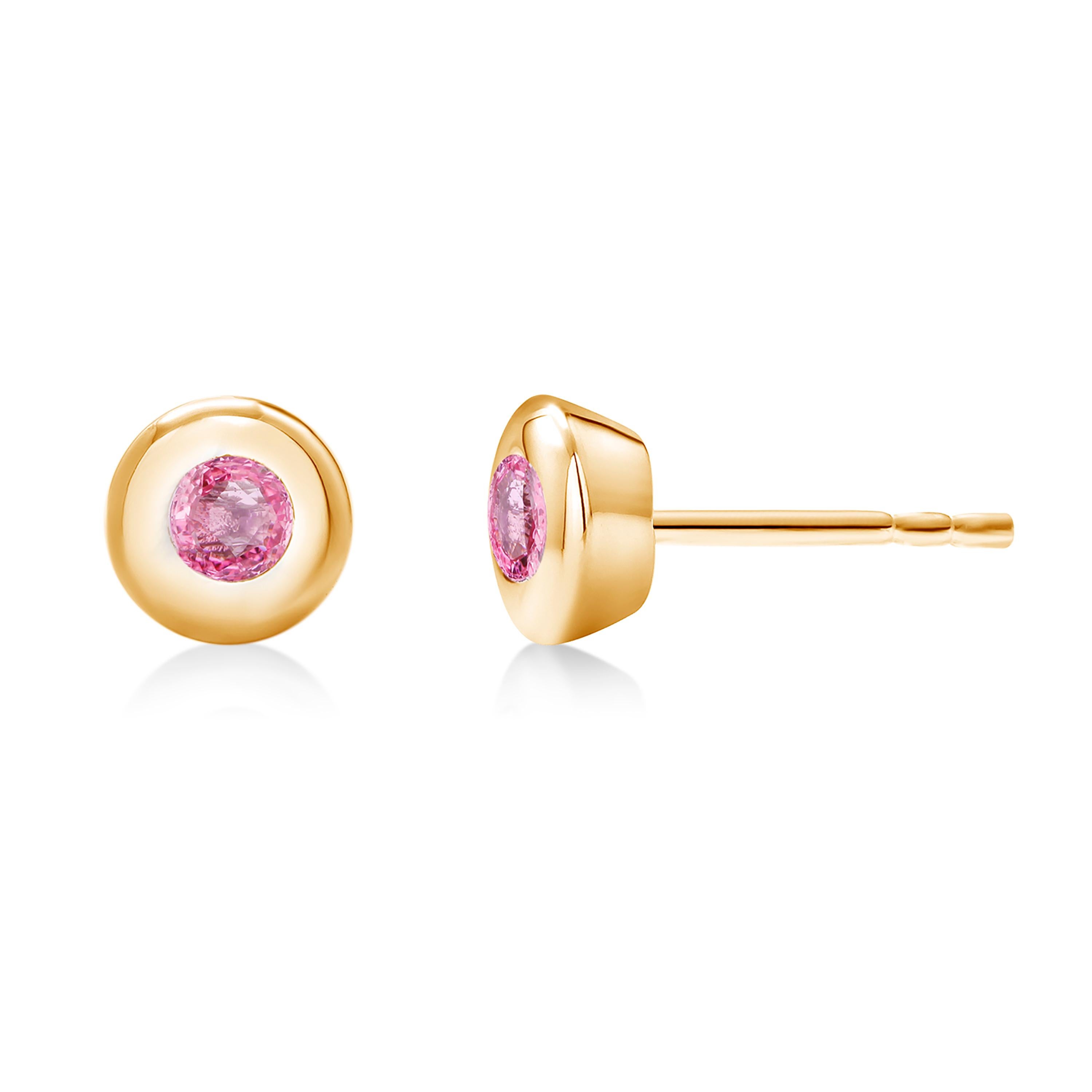 14 karat yellow gold round pink sapphire stud earrings
Two round pink sapphires measuring 3 millimeters each 
PinK sapphire hue tone color is bubblegum pink
Pink sapphires weighing 0.30   
New Earrings
New Earrings
Handmade in the USA
The 14 karat