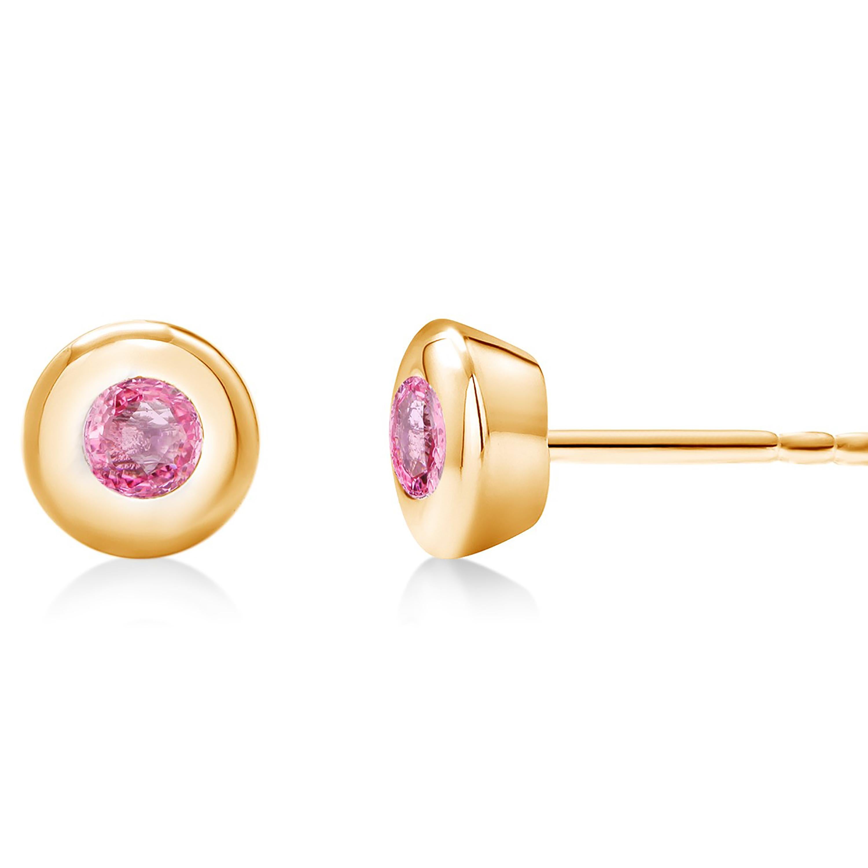 Contemporary 14 Karat Yellow Gold Bezel Set Pink Sapphire Stud Earrings Weighing 0.30 Carat