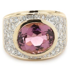 14 Karat Yellow Gold Bezel Set Pink Tourmaline and Pave Diamond Ring