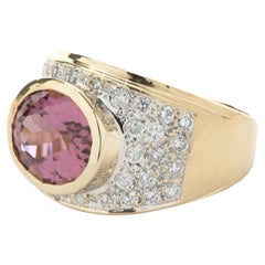 14 Karat Yellow Gold Bezel Set Pink Tourmaline and Pave Diamond Ring