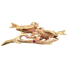 14 Karat Yellow Gold Bird Pin with Accented Rubies