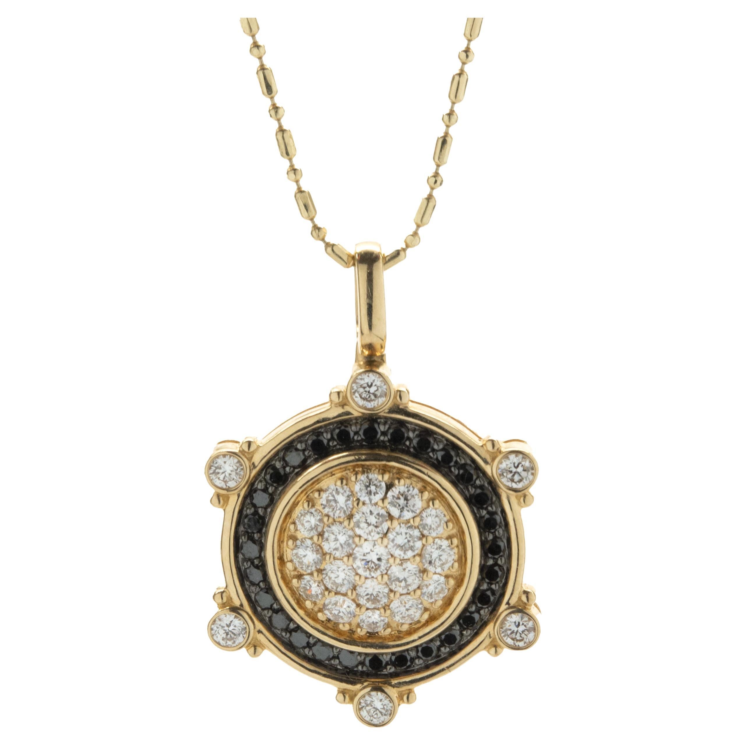 14 Karat Yellow Gold Black and White Diamond Compass Necklace