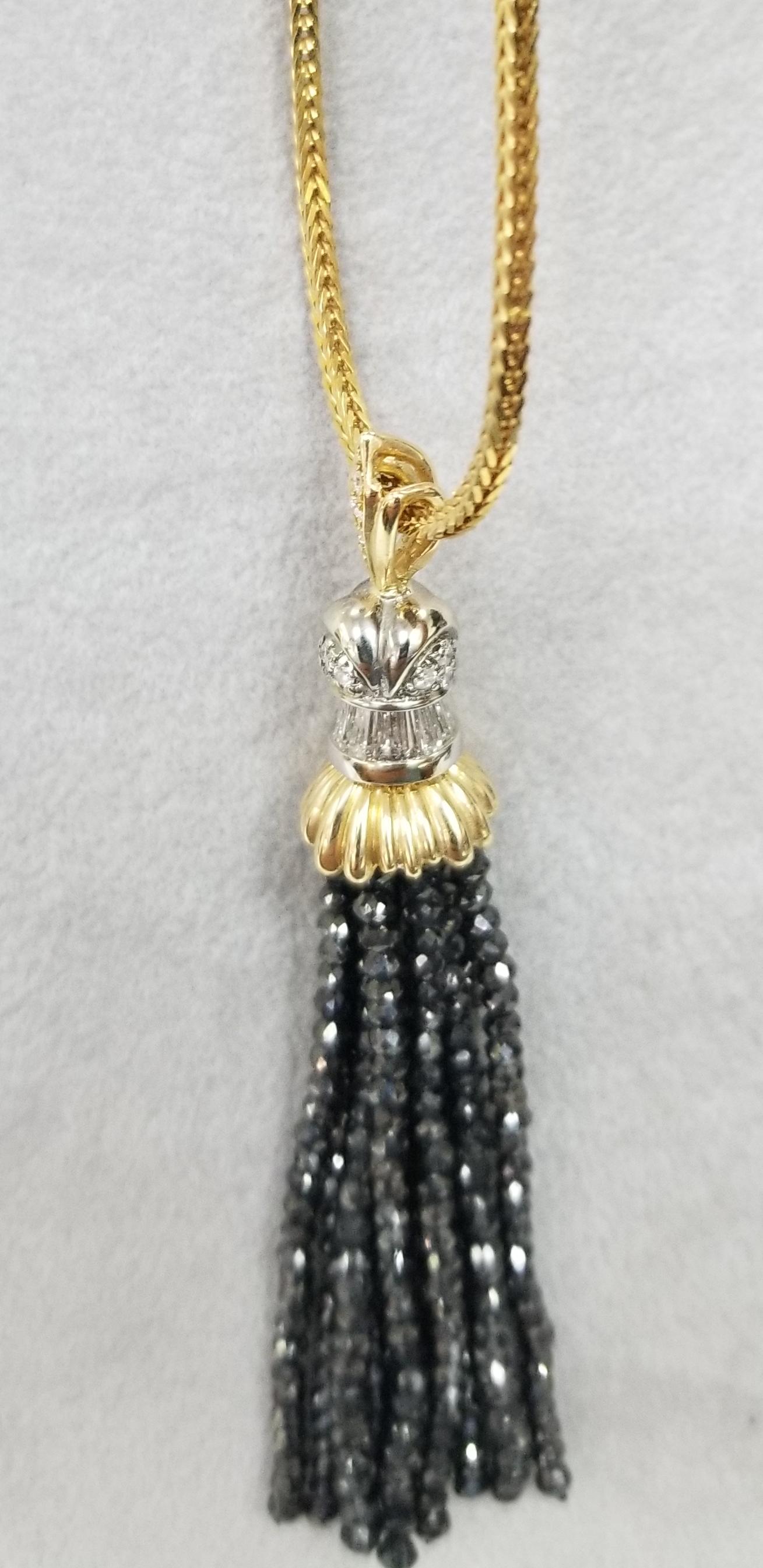 Round Cut 14 Karat Yellow Gold Black and White Diamond Tassel Pendant