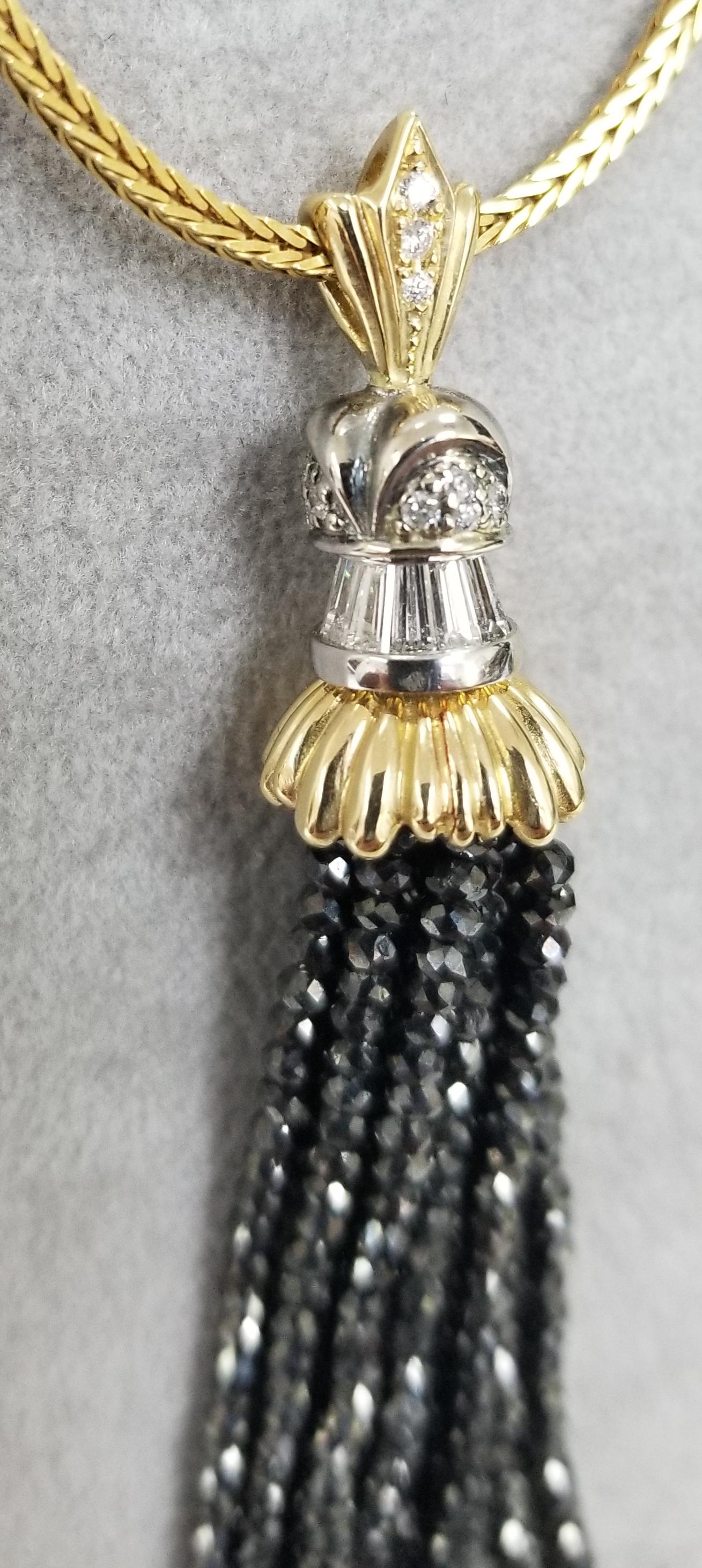 14 Karat Yellow Gold Black and White Diamond Tassel Pendant In New Condition In Los Angeles, CA