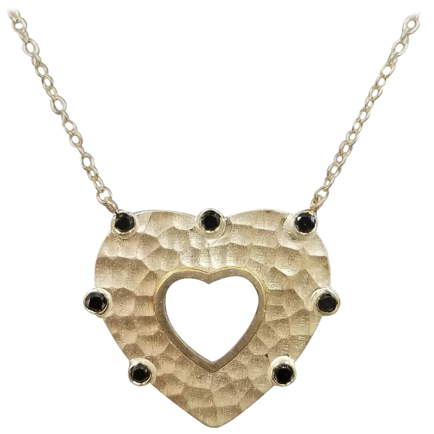 14 Karat Yellow Gold Black Diamond Hammered Heart Necklace For Sale