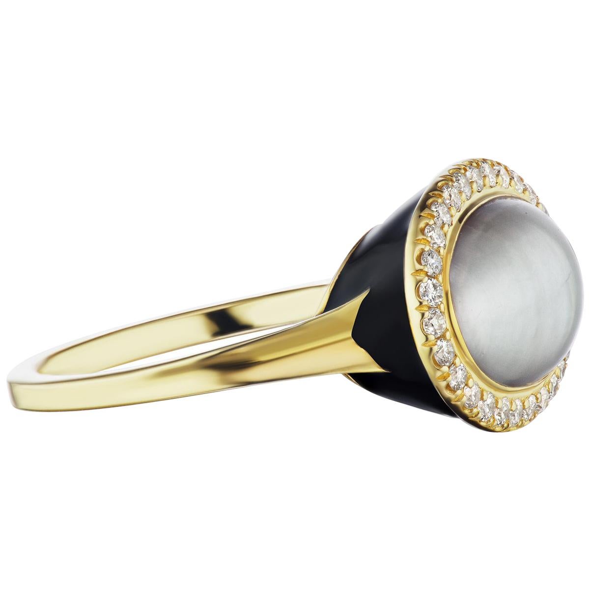 14 Karat Yellow Gold Black Enamel, Gray Pearl and Diamond Cocktail Ring For Sale