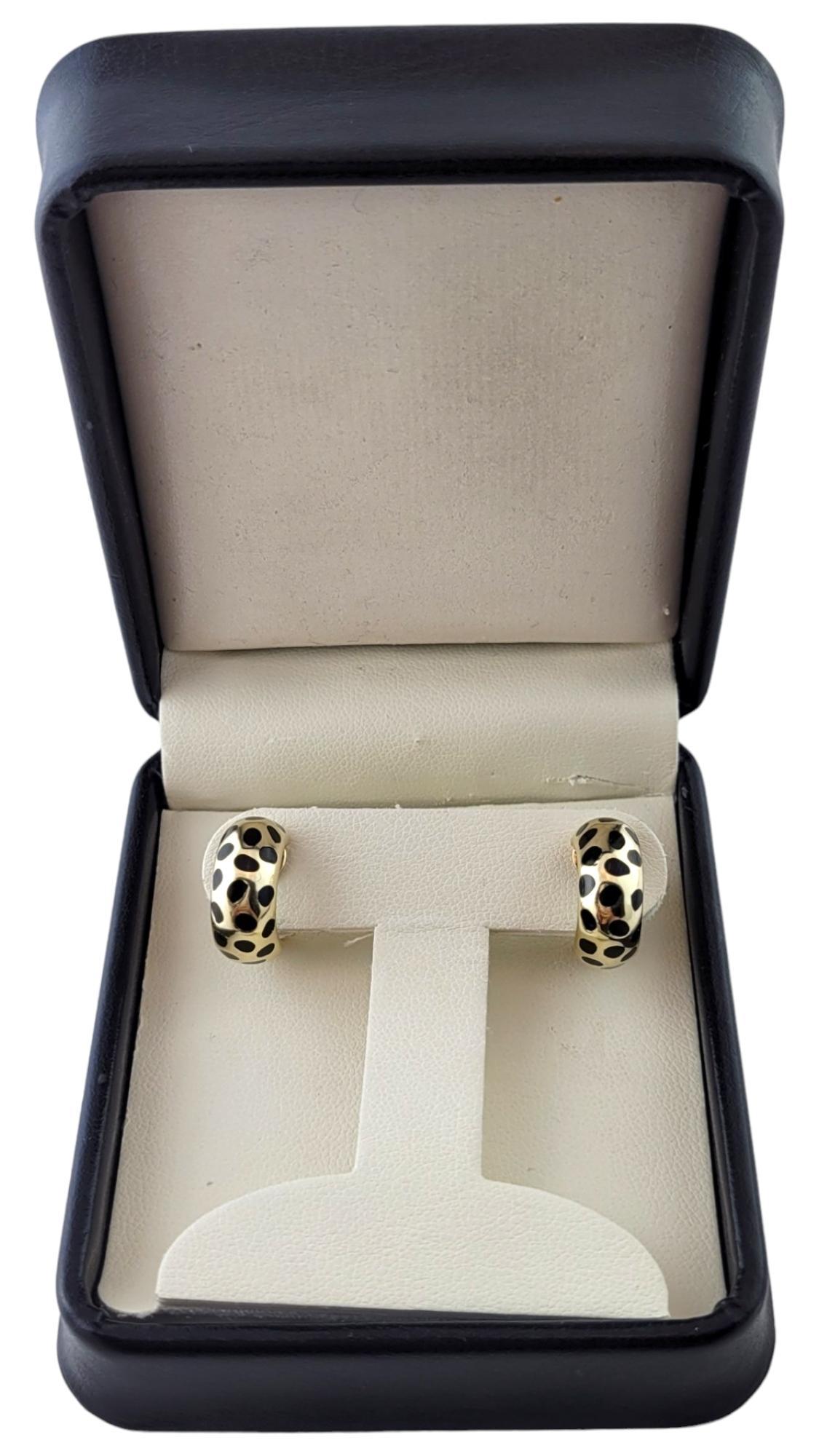 14 Karat Yellow Gold Black Enamel Leopard Omega Back Earrings #17772 For Sale 2