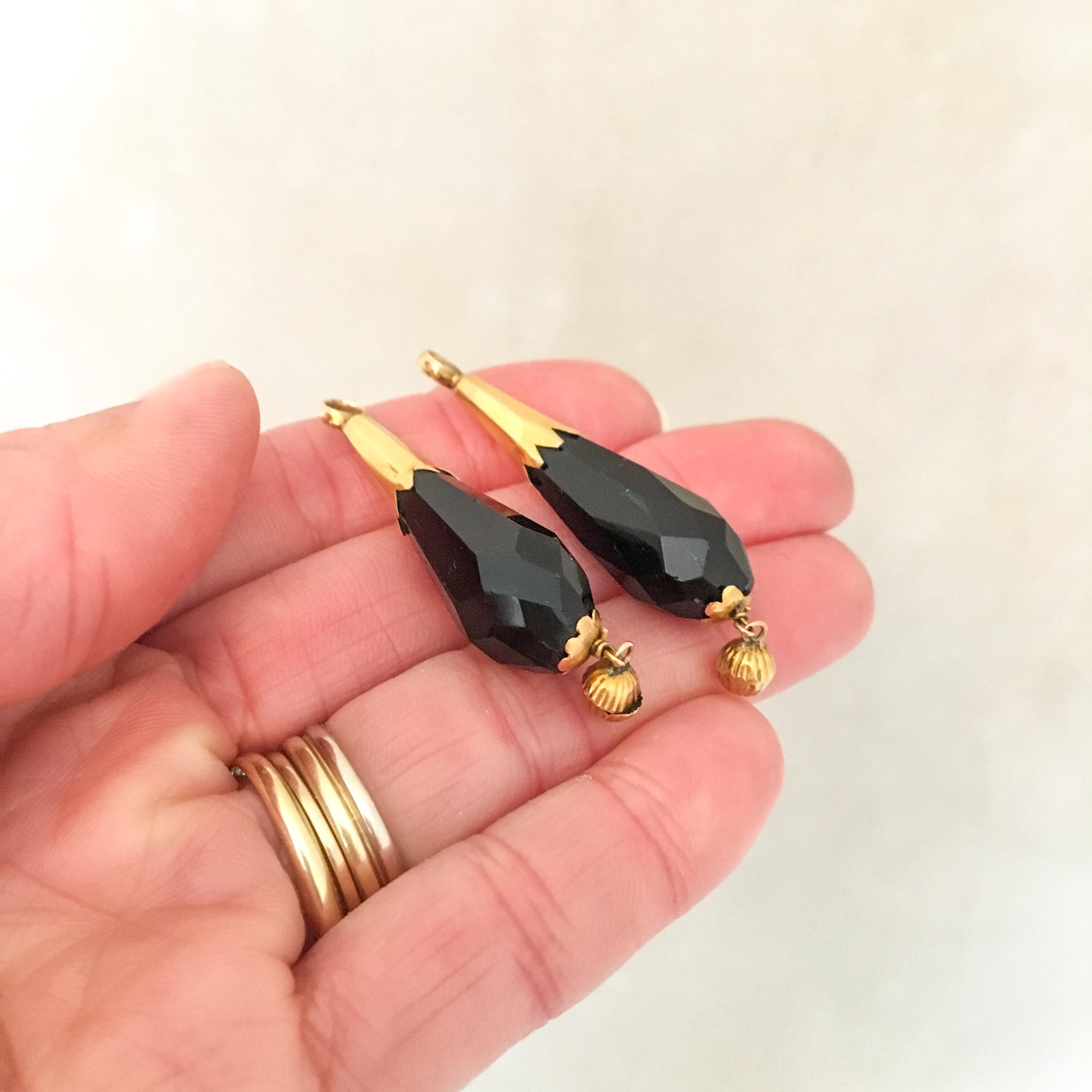 Victorian Antique 1850's Black Jet Briolette 14K Gold Pendants For Sale