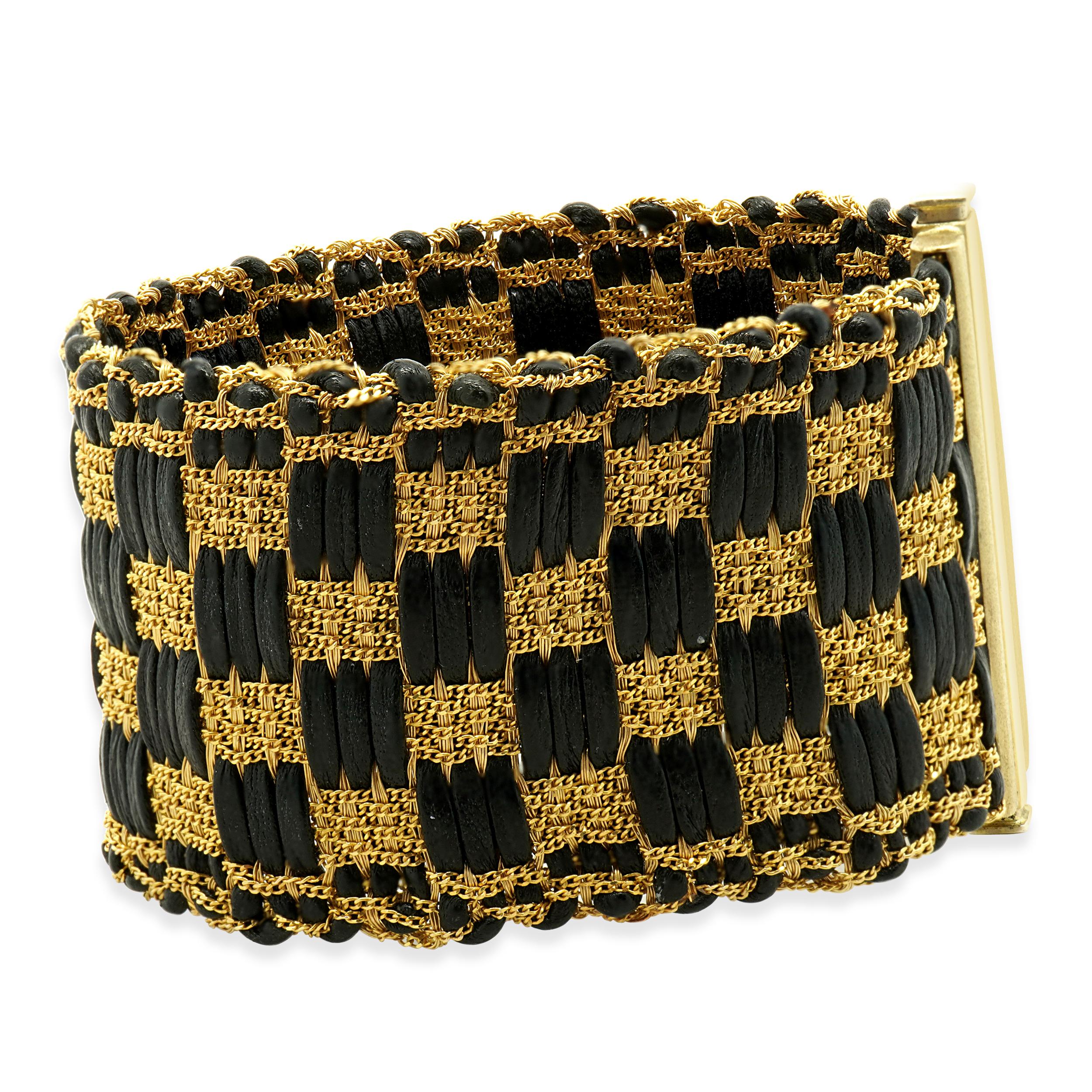 Designer: custom
Material: 14K yellow gold
Dimensions: bracelet measures 7-inches in length
Weight: 33.21 grams
