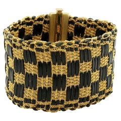 14 Karat Yellow Gold Black Leather Bracelet