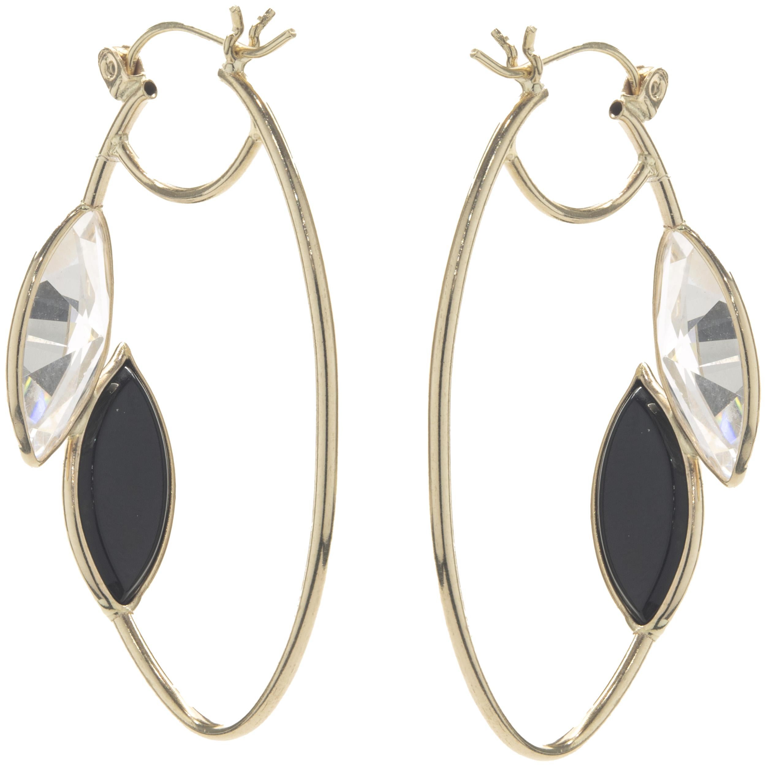 Marquise Cut 14 Karat Yellow Gold Black Onyx and CZ Bypass Hoop Earrings For Sale
