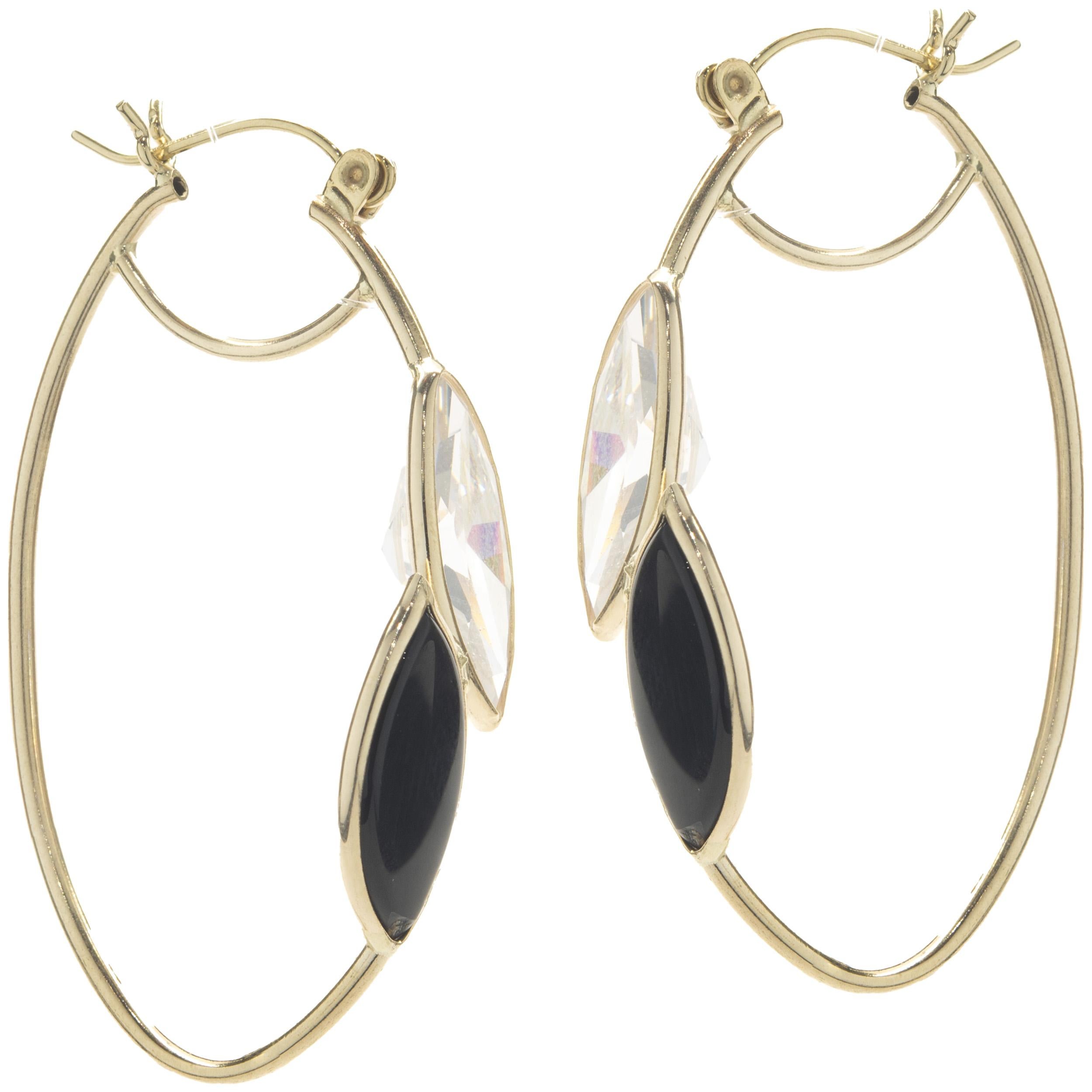 14 Karat Yellow Gold Black Onyx and CZ Bypass Hoop Earrings In Excellent Condition For Sale In Scottsdale, AZ
