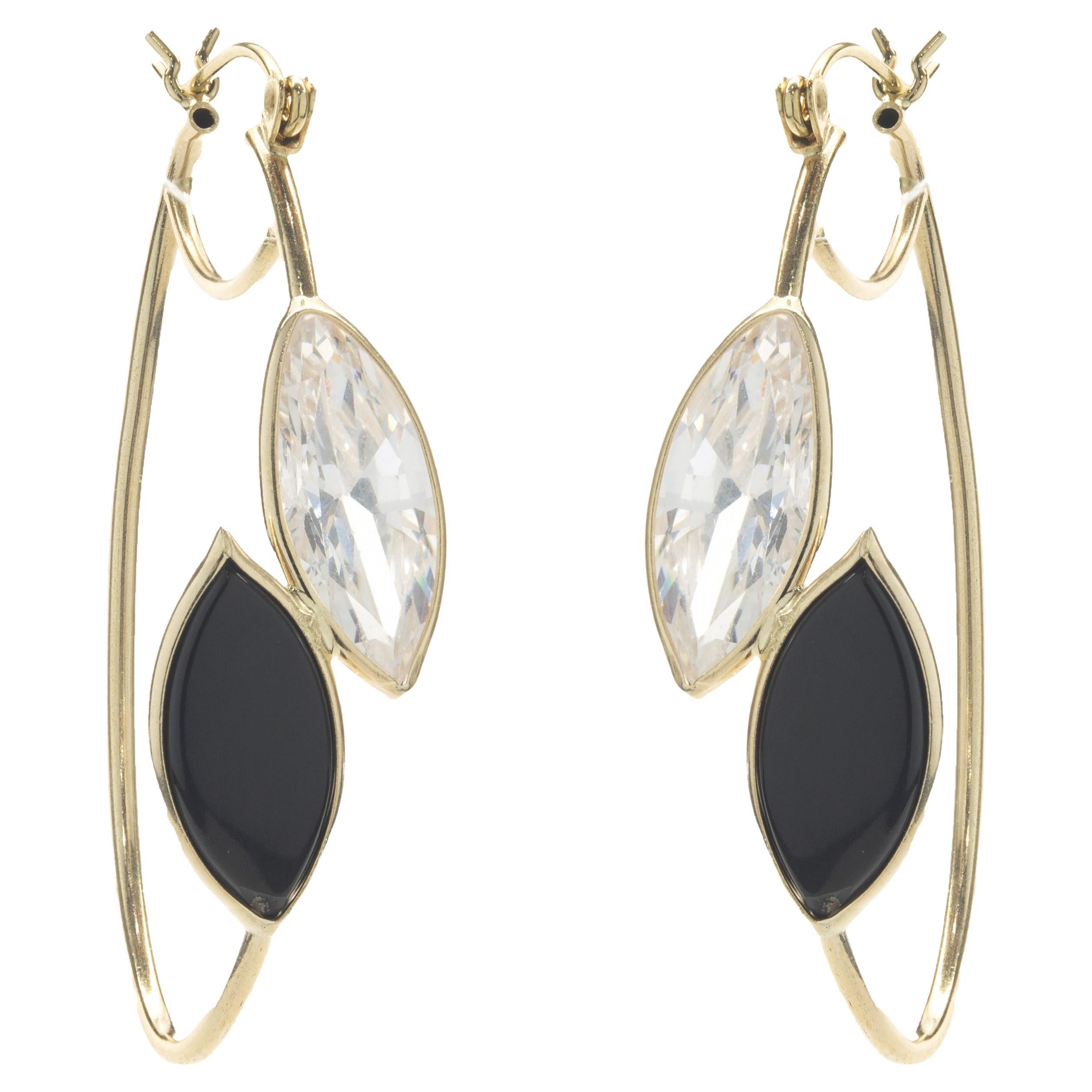 14 Karat Yellow Gold Black Onyx and CZ Bypass Hoop Earrings For Sale