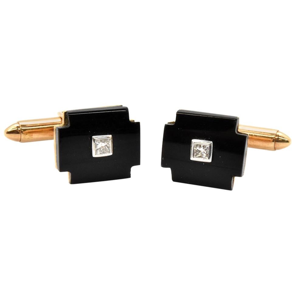 14 Karat Yellow Gold Black Onyx and Diamond Cufflinks, 7.90 Grams