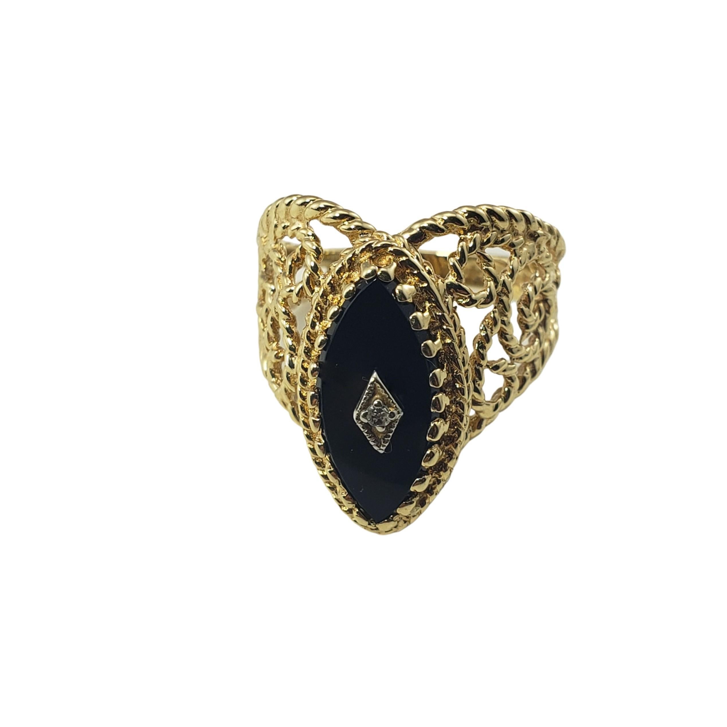 14 Karat Yellow Gold Black Onyx and Diamond Ring Size 6.75-

This lovely ring features one black onyx stone and one round single cut diamond set in beautifully detailed 14K yellow gold.  
Width:  18 mm.  Shank:  3 mm.

Approximate total diamond