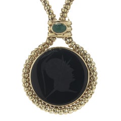 14 Karat Yellow Gold Black Onyx and Mother of Pearl Reversible Intaglio Necklace