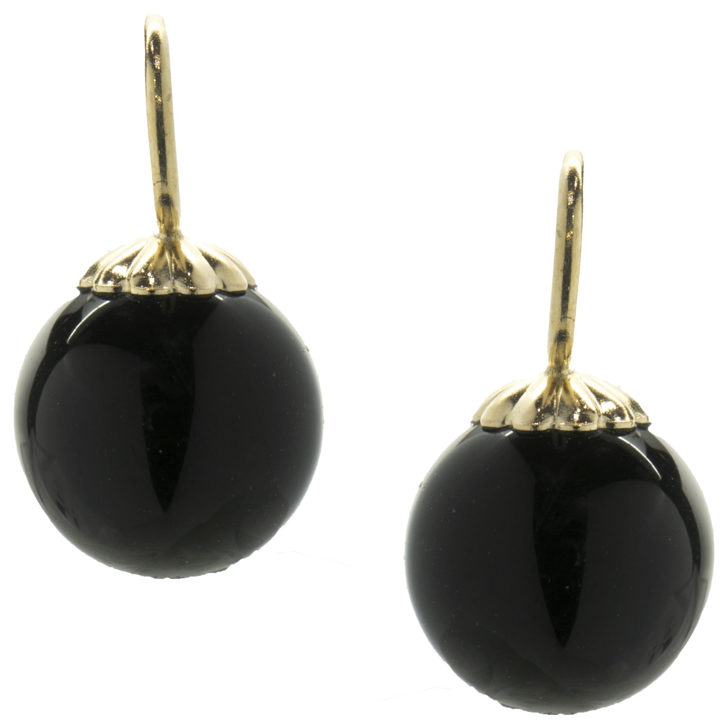 Round Cut 14 Karat Yellow Gold Black Onyx Ball Earring Enhancers For Sale