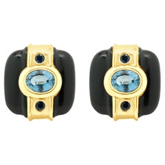14 Karat Yellow Gold Black Onyx, Blue Topaz, and Sapphire Button Earrings