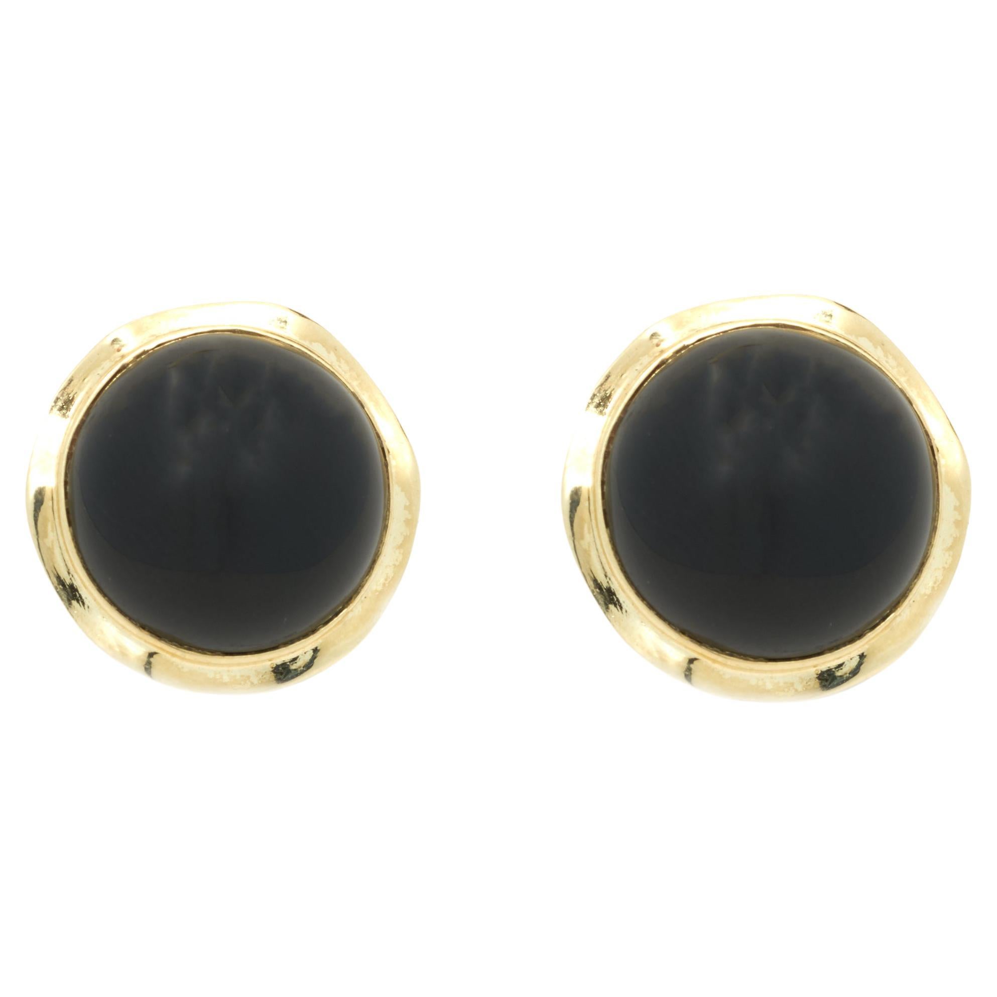 14 Karat Yellow Gold Black Onyx Button Earrings