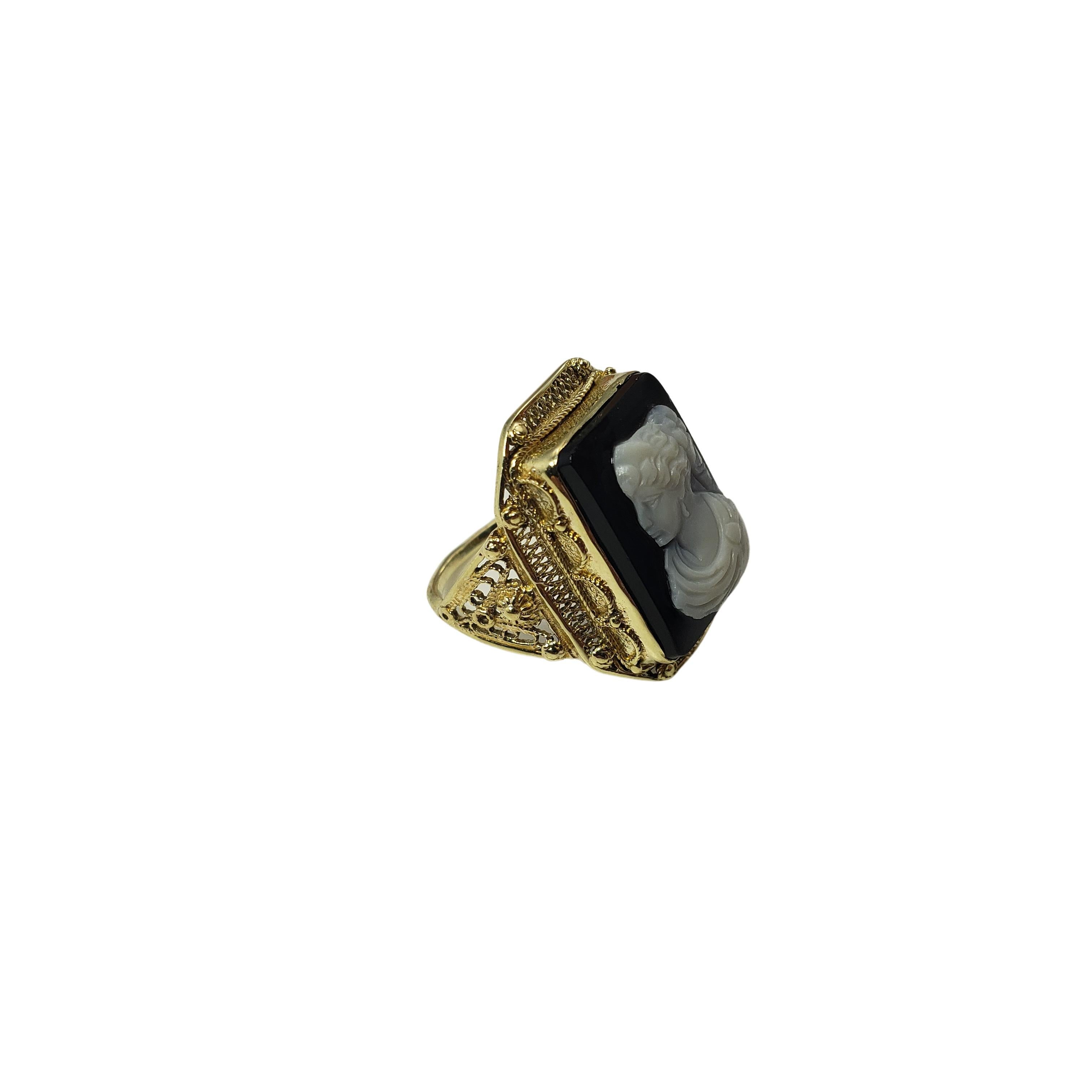 Baguette Cut 14 Karat Yellow Gold Black Onyx Cameo Ring For Sale